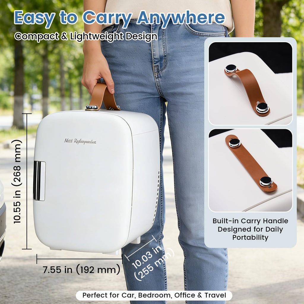 NEWBULIG Mini Fridge for Bedroom, Office & Car, Portable 4L/4.23QT Mini Refrigerator for Skincare with Handle, Ultra-Quiet Energy-Saving Compact Cooler for Drinks, Food, Skincare & Makeup, 12V AC/DC