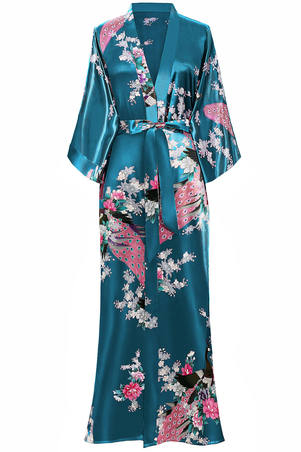 BABEYOND Women's Kimono Robe Long Satin Robes with Peacock and Blossoms Printed Kimono Nightgown