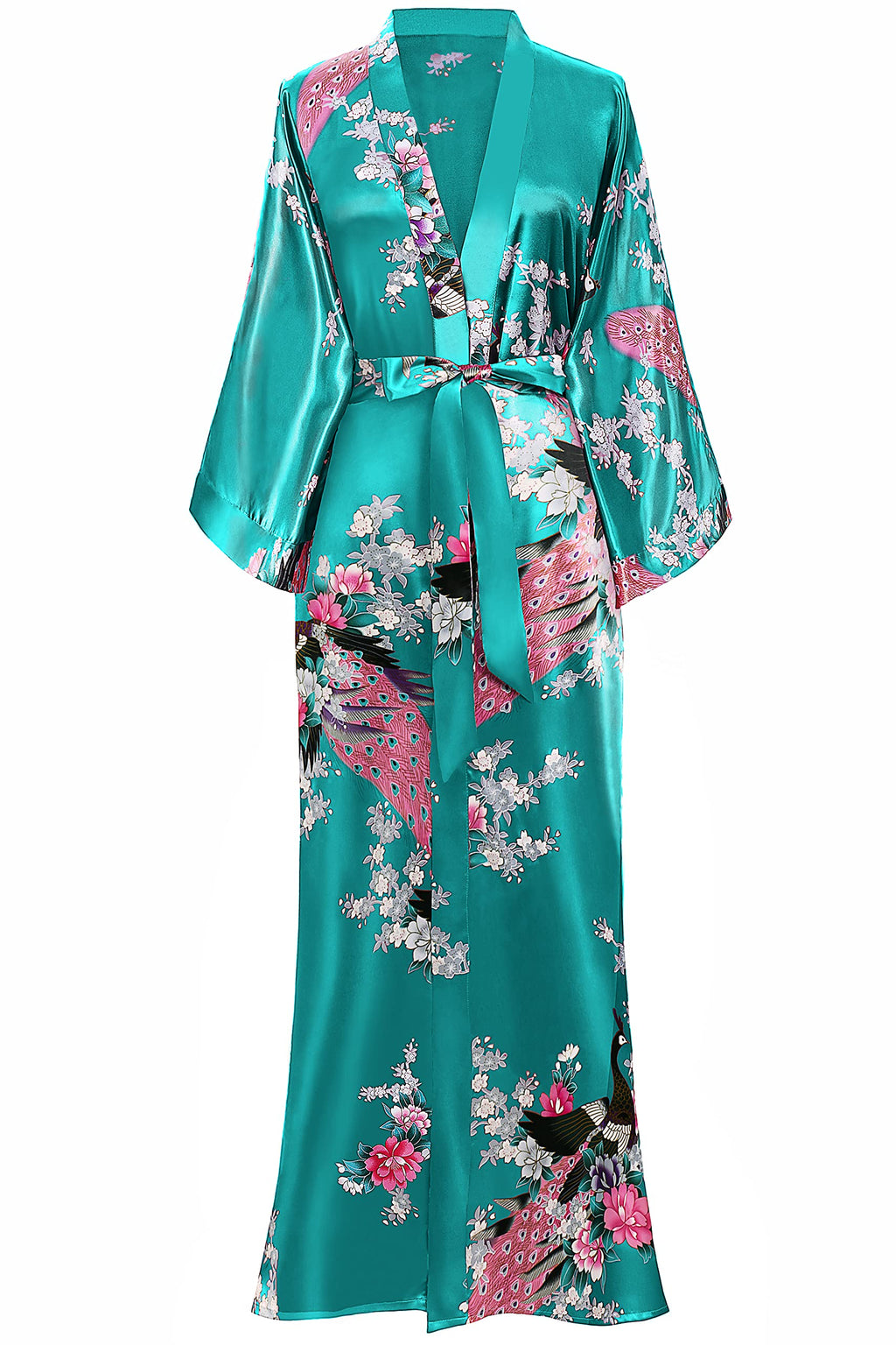 BABEYOND Women's Kimono Robe Long Satin Robes with Peacock and Blossoms Printed Kimono Nightgown