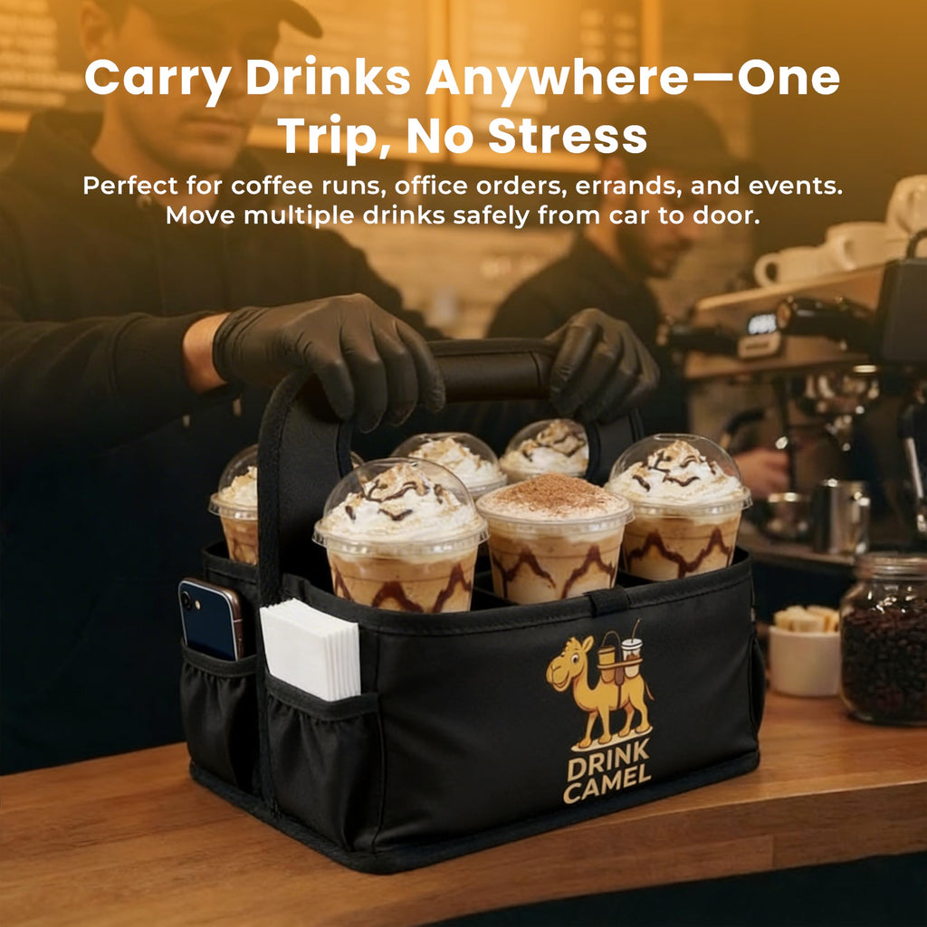 Reusable Drink Carrier with Handle – Durable No-Spill Insulated & Collapsible Beverage Bag with Pockets, Portable Caddy for On-the-Go Delivery, Travel & Car Use (6 Cup Carrier, Jet Black)