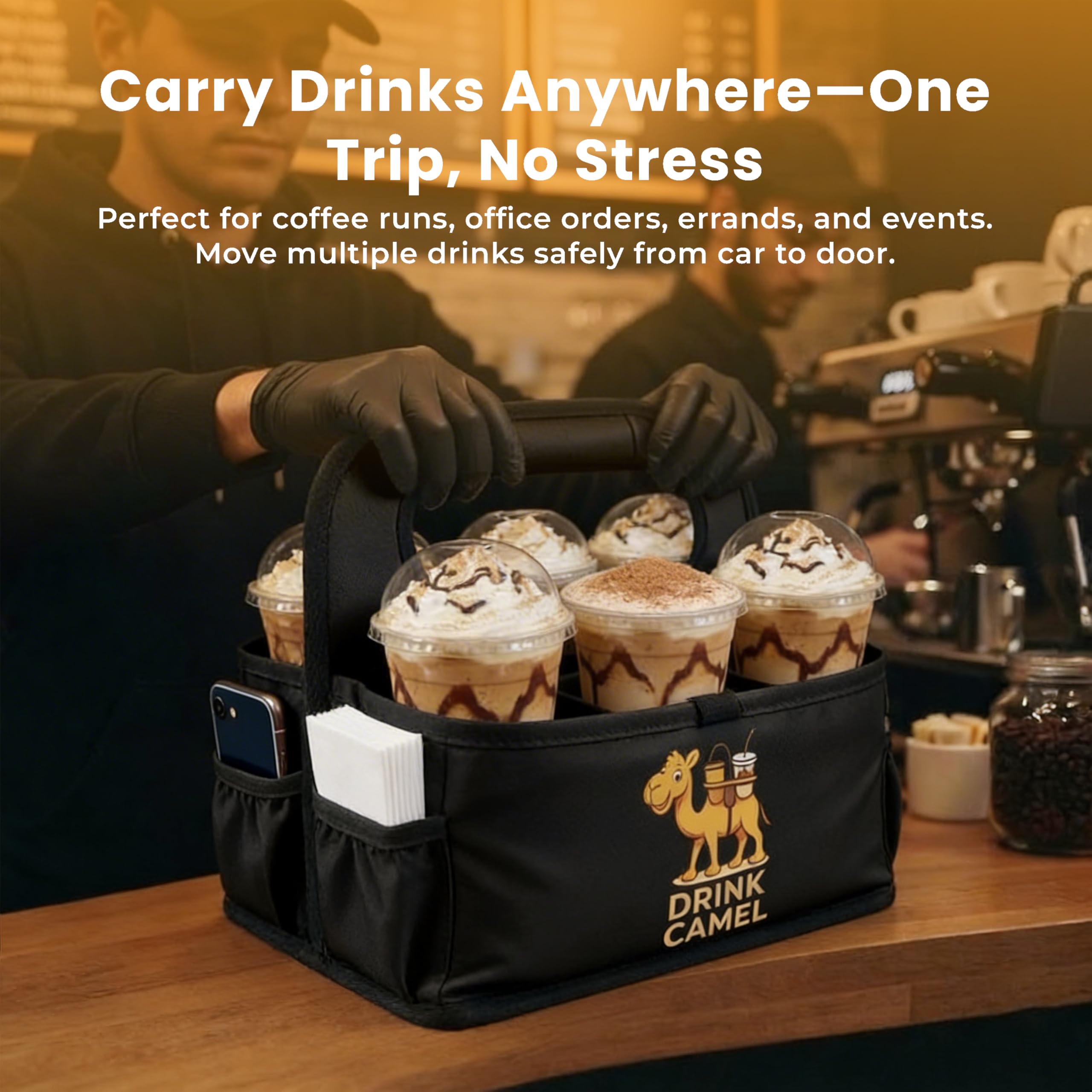 Reusable Drink Carrier with Handle – Durable No-Spill Insulated & Collapsible Beverage Bag with Pockets, Portable Caddy for On-the-Go Delivery, Travel & Car Use (6 Cup Carrier, Jet Black)