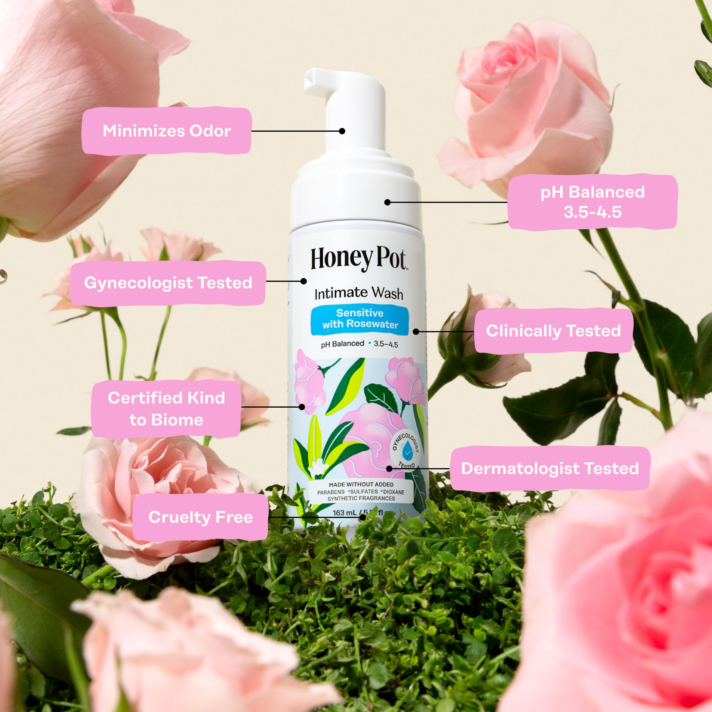 The Honey Pot Company - Feminine Wash - Herbal Infused - Sensitive Skin Types - PH Balanced Plant Based Hygiene Products - Sensitive w/Rosewater - 5.51 Fluid Oz.