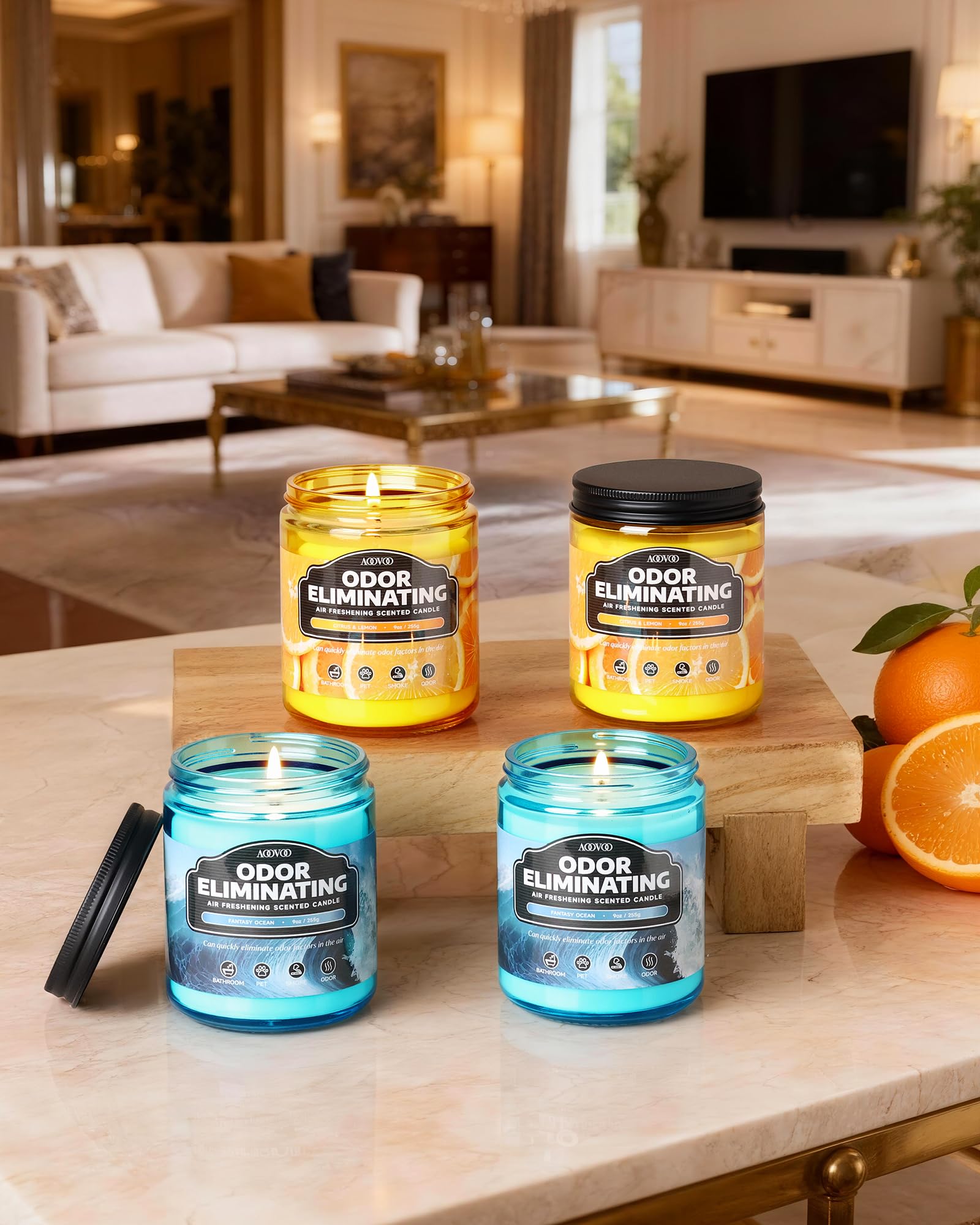 AOOVOO 4 Pack Citrus Lemon Odor Eliminating Highly Fragranced Candle Set - Eliminates 95% of Pet, Smoke, Food, and Other Smells Quickly, Non Toxic Air Freshing Soy Candle