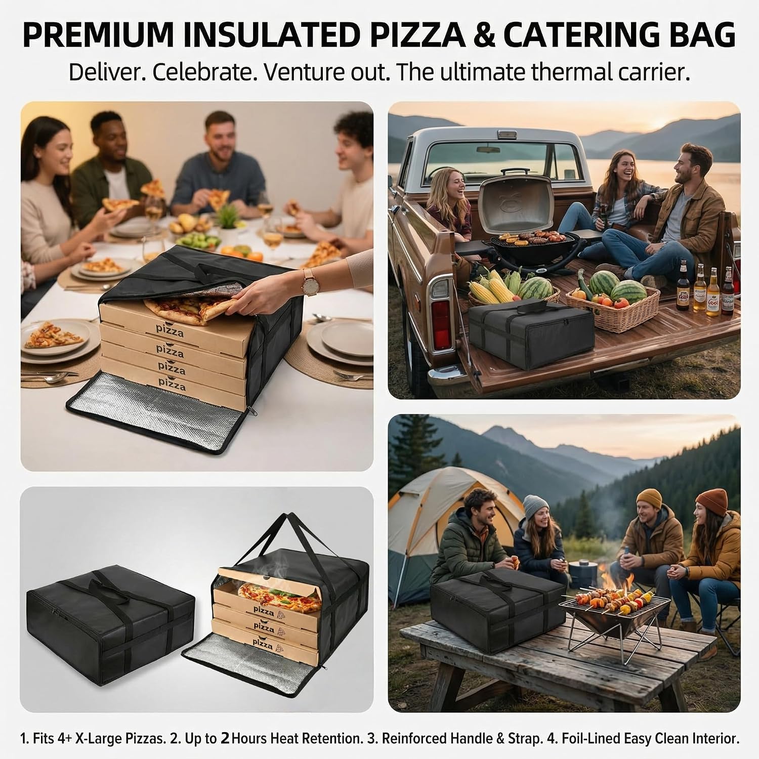 19.6" x 19.6" x 5.9" Insulated Pizza Delivery Bag with Zipper Closure, Thermal Food Carrier for Hot & Cold Meals, Reusable Delivery Bag for Catering, Transport & Home Use, Black (1 Pack)