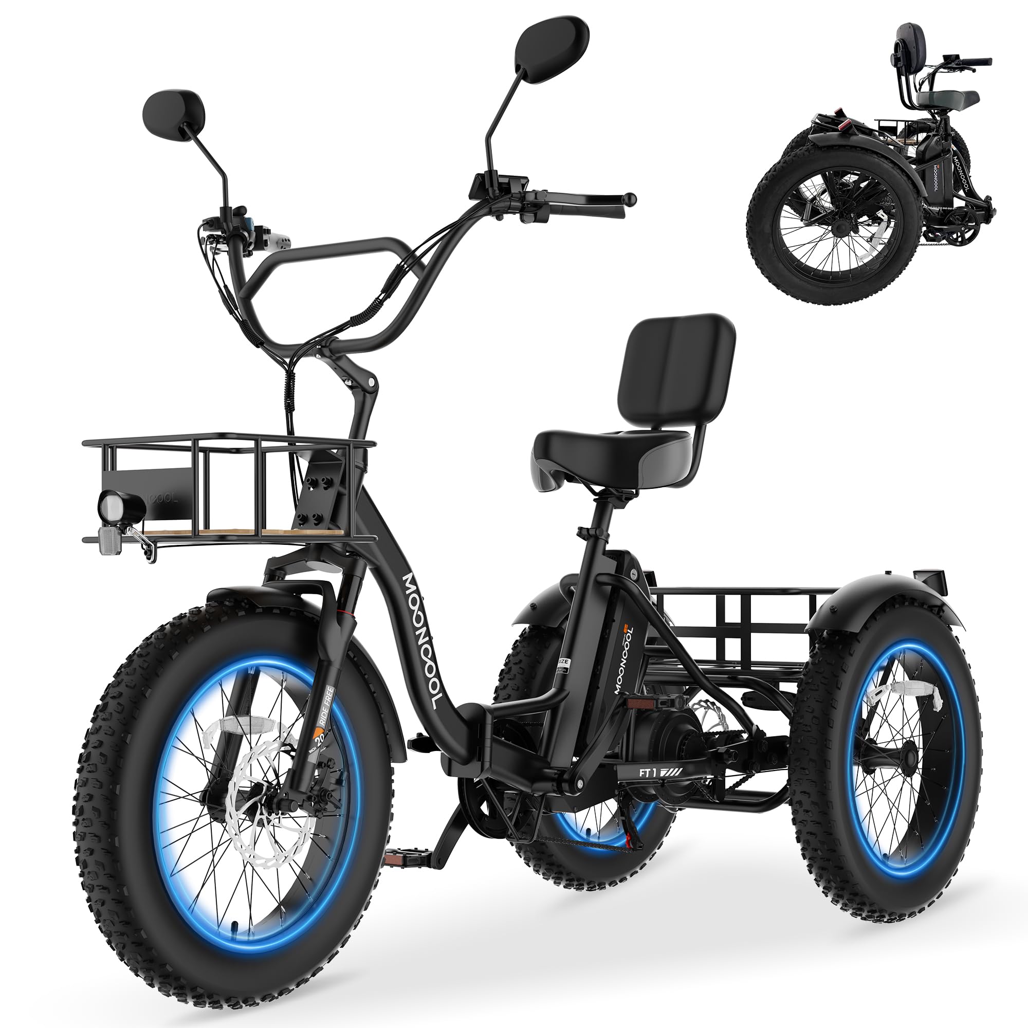MOONCOOL Electric Tricycle for Adults, 20" x 4" Fat Tire Folding Electric Trike, 48V 500W 3 Wheel Electric Bike, 7 Speed E Trikes for Adults with Removable Battery, Aluminum Frame & Large Basket