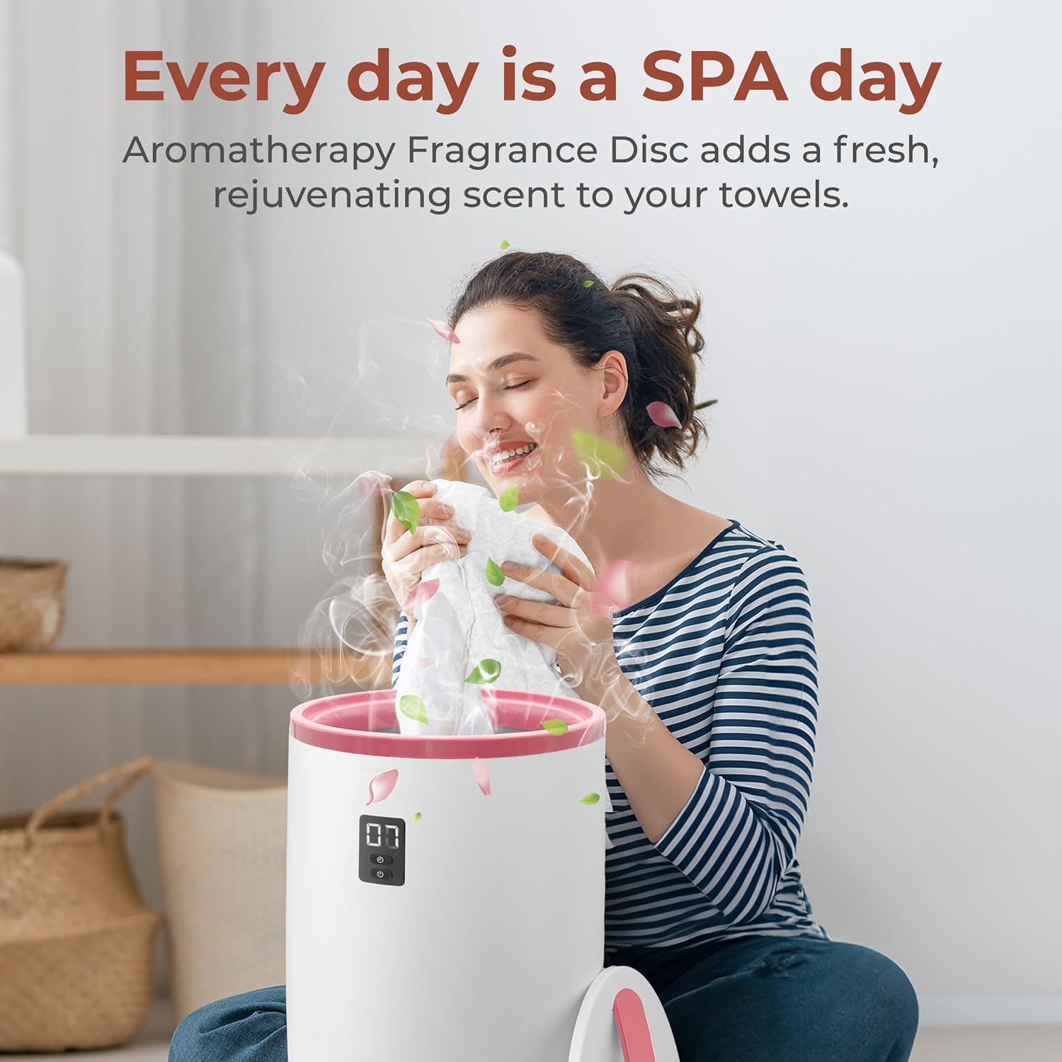 SereneLife Towel and Blanket Warmer - Single Touch Portable Towel Heater for Bathroom, Fragrant Disc Holder, LED Ring, 2 Large Towel Capacity, Built-in Timer (15-60 mins), Auto Shut-Off (Pink)