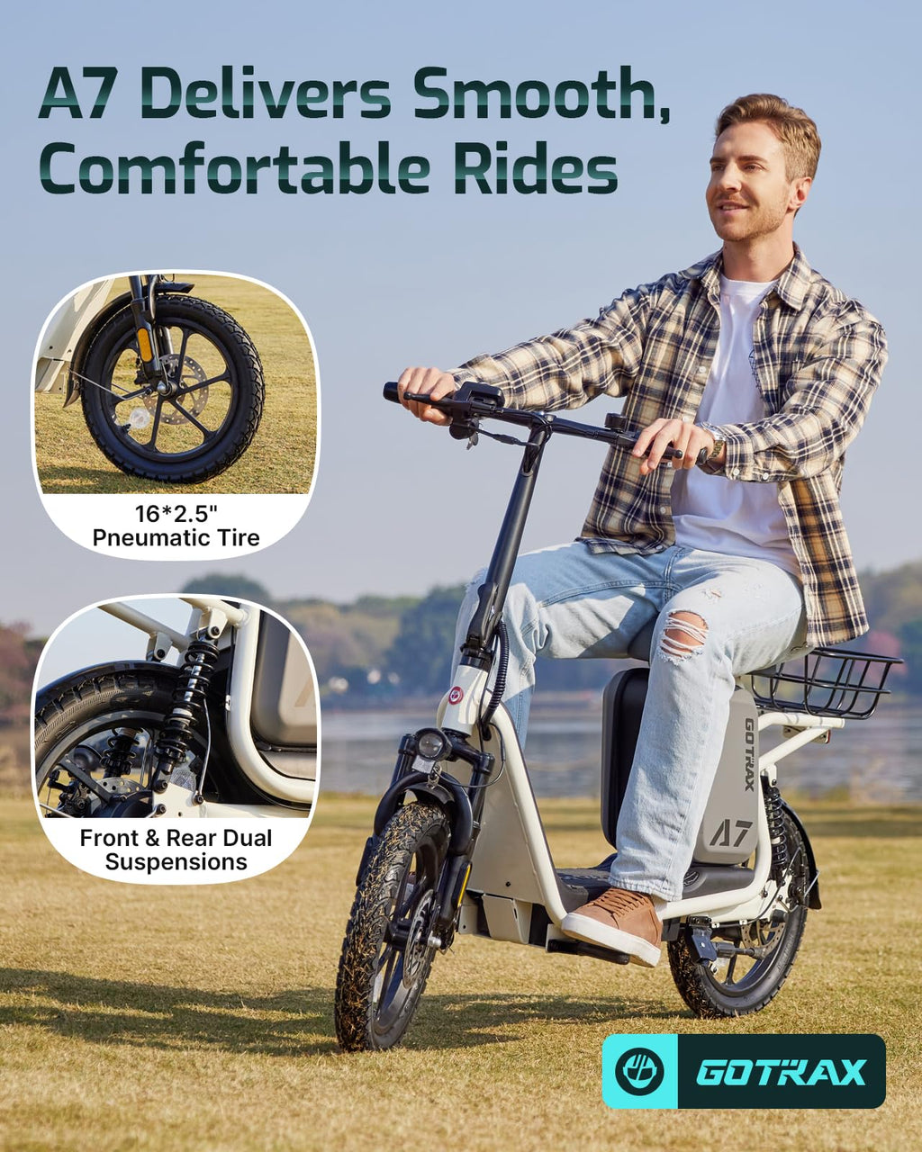 Gotrax Adult Electric Scooter with Seat, Max 19-25miles Range, 15.5-20mph Power by 350W-500W Motor, All-Terrain Tire & Wider Deck & Soft Cushioning Seat with Carry Basket