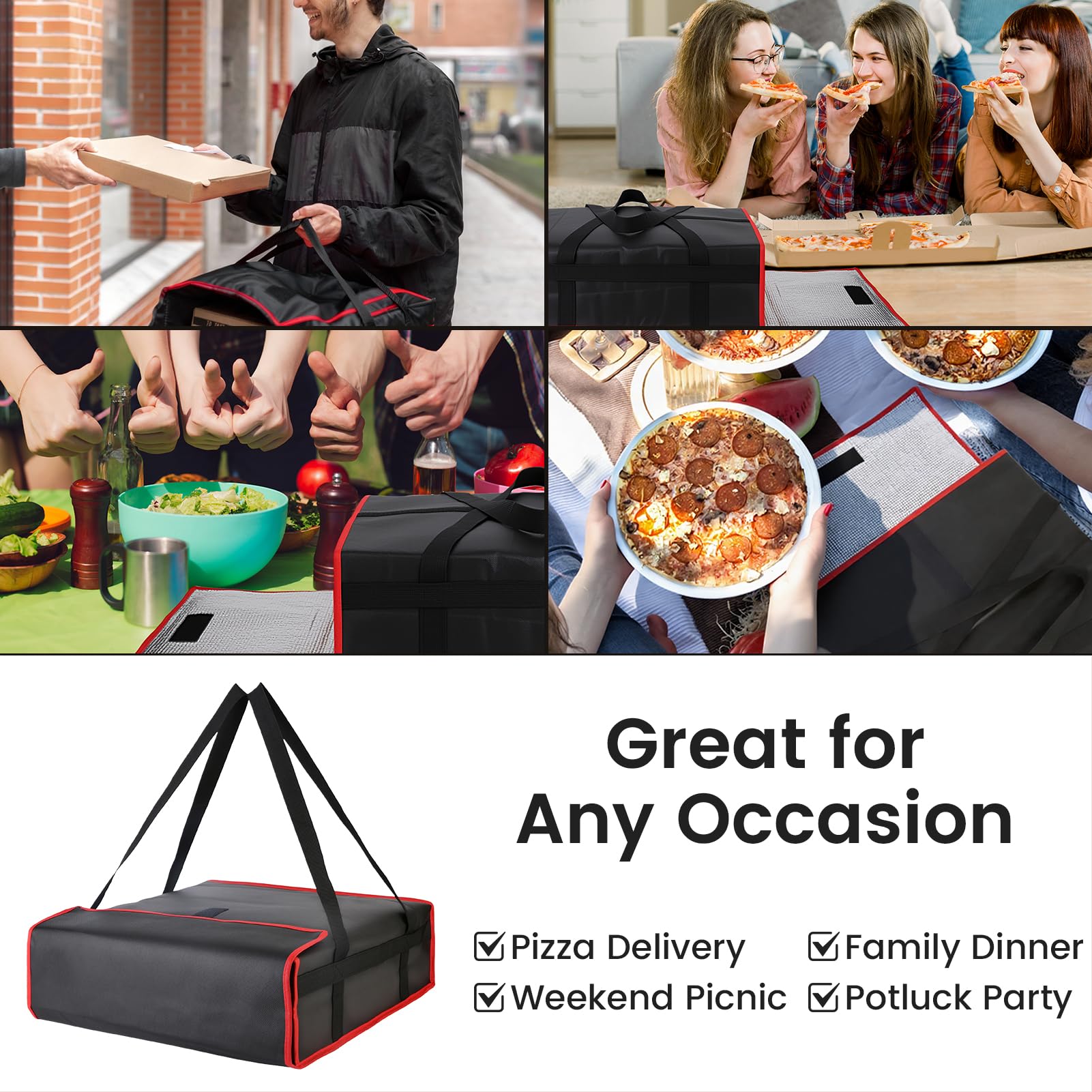 Bodaon Insulated Pizza Delivery Bag, 20" x 20" x 6" Pizza Warmer Bags for Carry Hot, Food Warmers for Parties, Pizza Thermal Insulation, Pizza Carrier for Catering, Red, 1-Pack