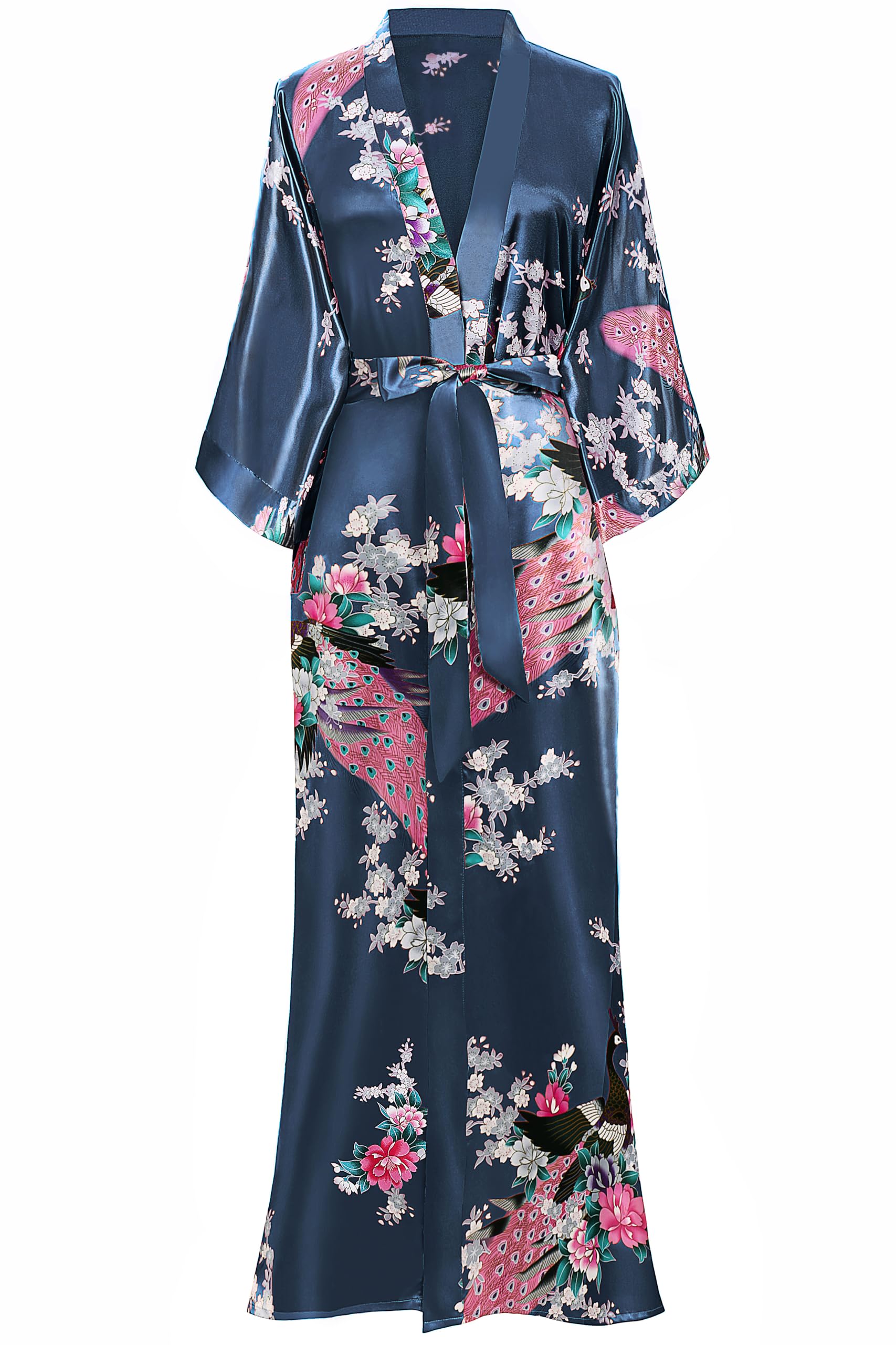 BABEYOND Women's Kimono Robe Long Satin Robes with Peacock and Blossoms Printed Kimono Nightgown