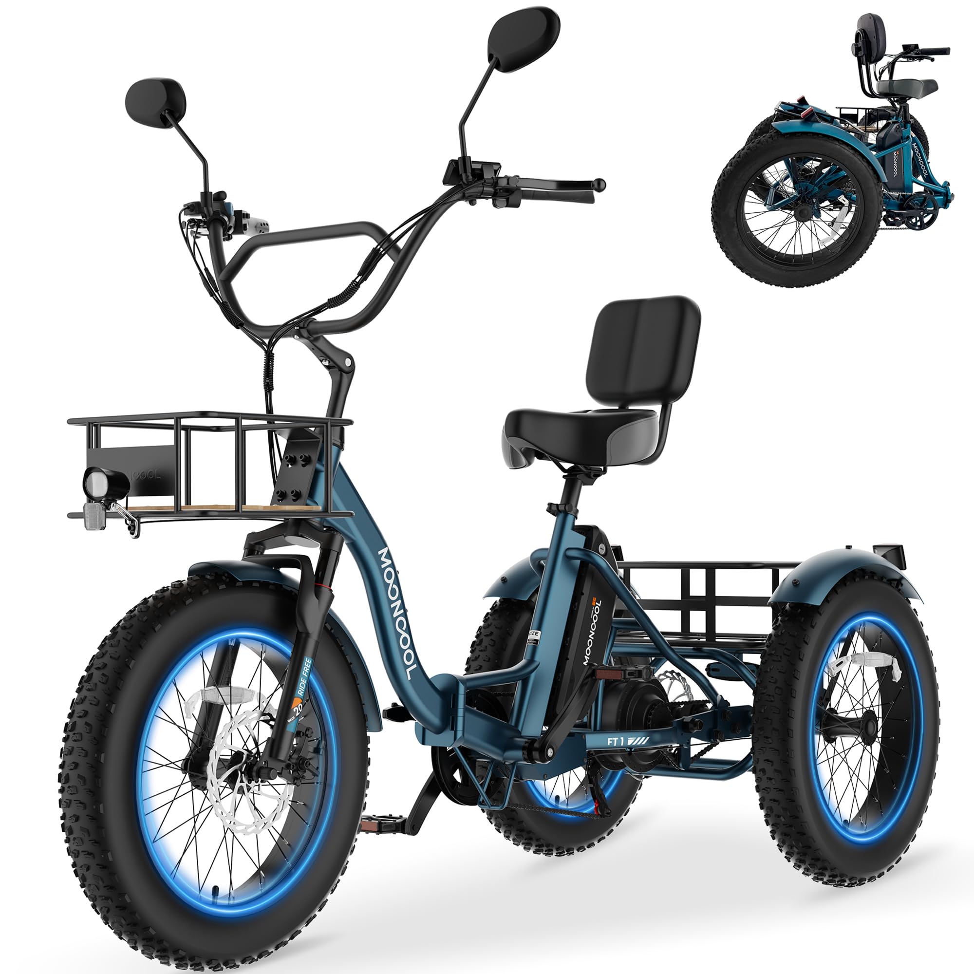 MOONCOOL Electric Tricycle for Adults, 20" x 4" Fat Tire Folding Electric Trike, 48V 500W 3 Wheel Electric Bike, 7 Speed E Trikes for Adults with Removable Battery, Aluminum Frame & Large Basket