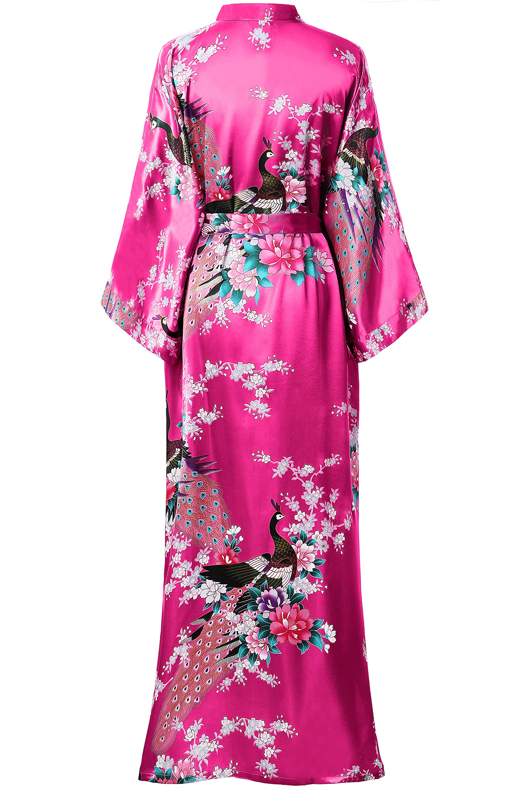 BABEYOND Women's Kimono Robe Long Satin Robes with Peacock and Blossoms Printed Kimono Nightgown