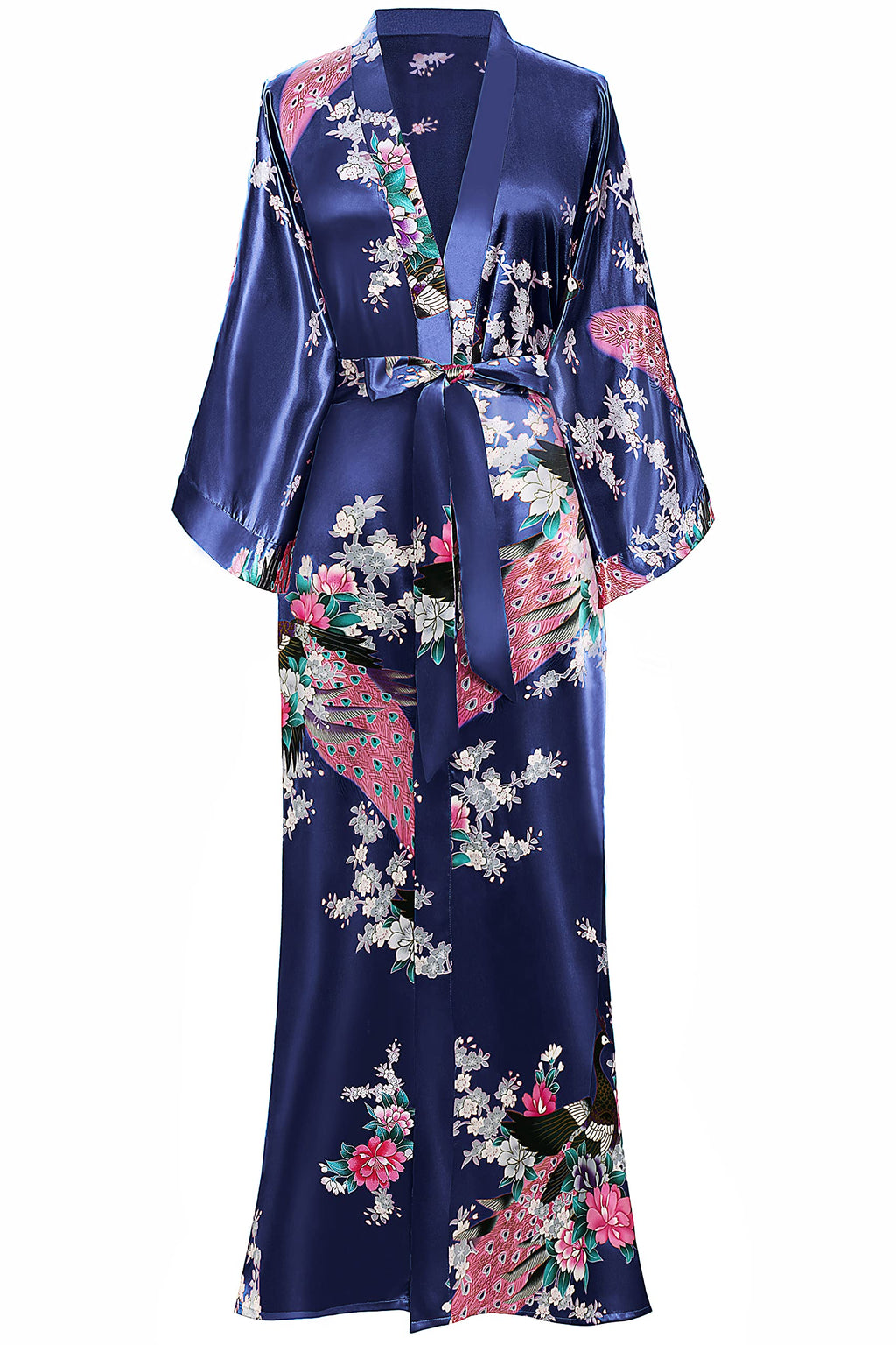 BABEYOND Women's Kimono Robe Long Satin Robes with Peacock and Blossoms Printed Kimono Nightgown
