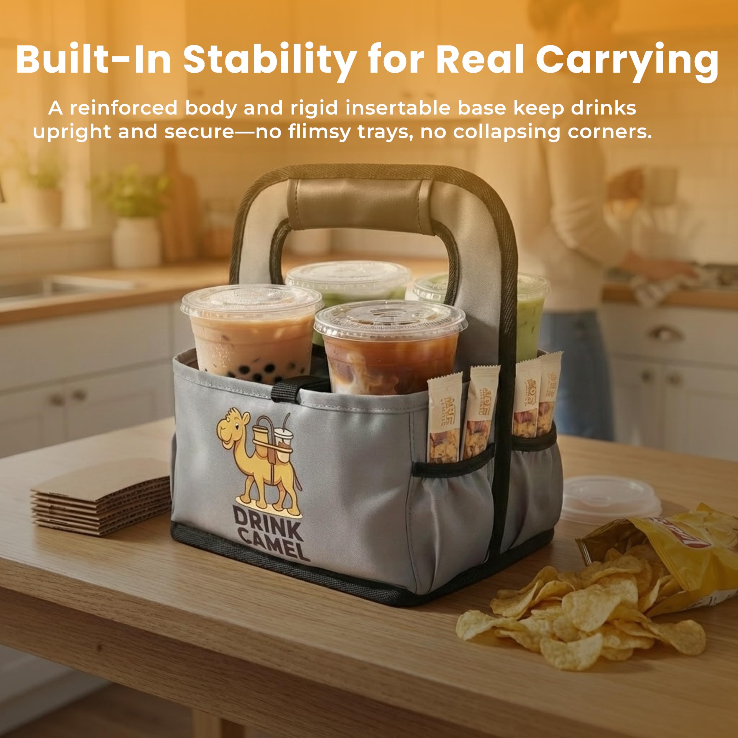 Reusable Drink Carrier with Handle – Durable No-Spill Insulated & Collapsible Beverage Bag with Pockets, Portable Caddy for On-the-Go Delivery, Travel & Car Use (6 Cup Carrier, Jet Black)