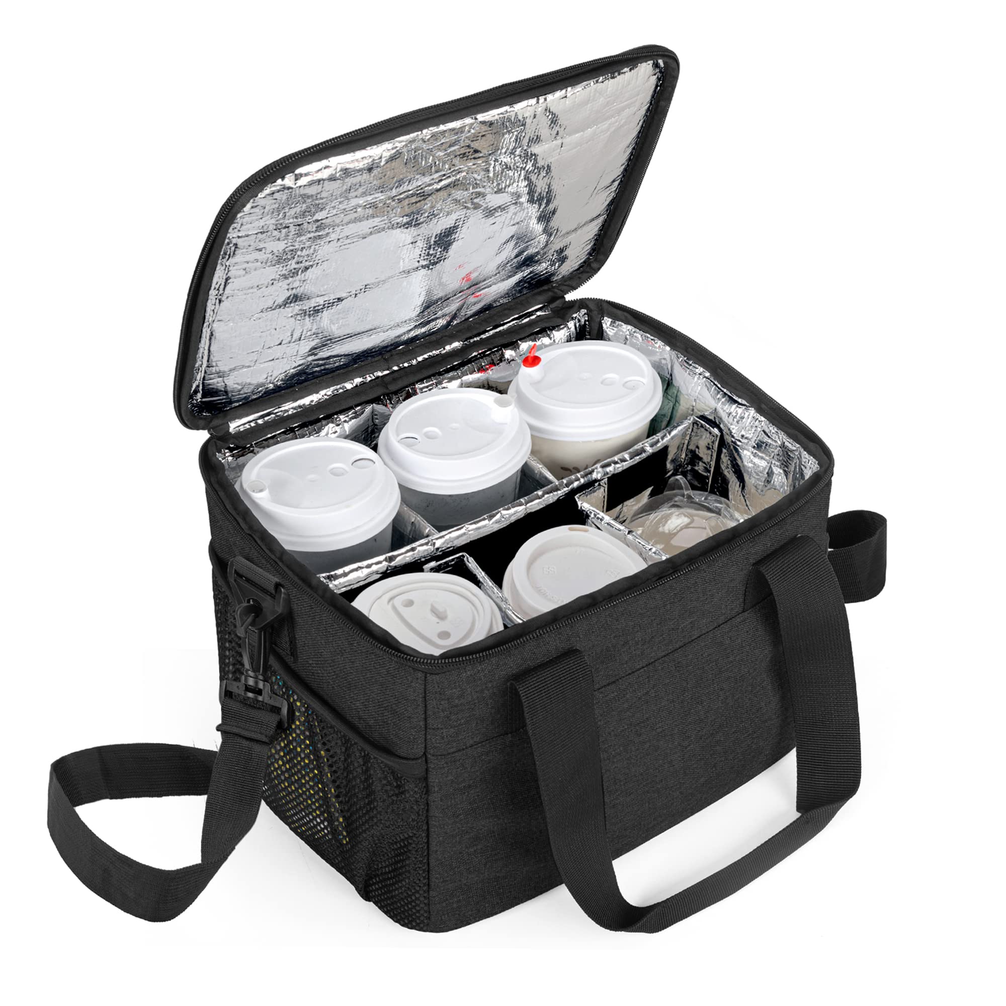 Trunab Reusable 6 Cups Drink Carrier for Delivery Insulated Drink Caddy with Handle and Shoulder Strap, Adjustable Dividers, Beverages Carrier Tote Bag, for Daily Life Takeout, Outdoors, Travel