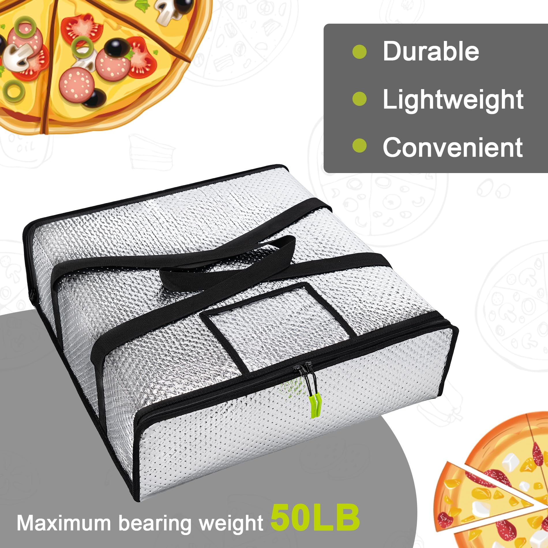 Pizza Bags for Delivery 20" X 20" X 6" - Moisture-Free, Professional Thermal Pizza Warmer, Heavy-Duty Pizza Delivery Bag, Suitable for Restaurants,Picnic Uber Eats & Door Dash（Silver）