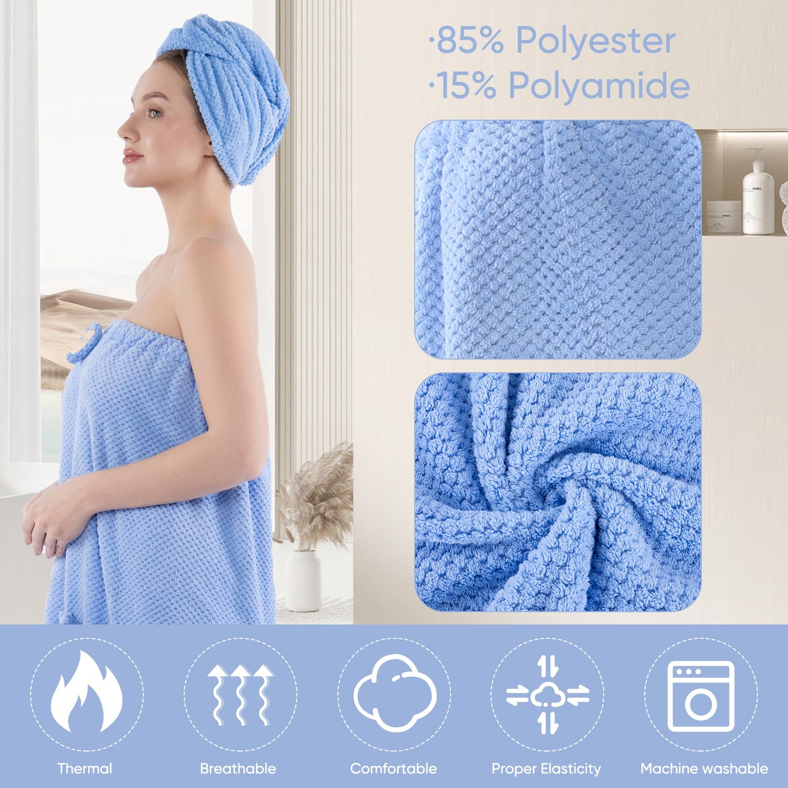 Spa Robe Bath wrap Towels for Women and Hair Drying Towel Waffle Spa Wraps with Pocket Adjustable Closure Lightweight Towel Wraps for Bath Shower (4, Purple)