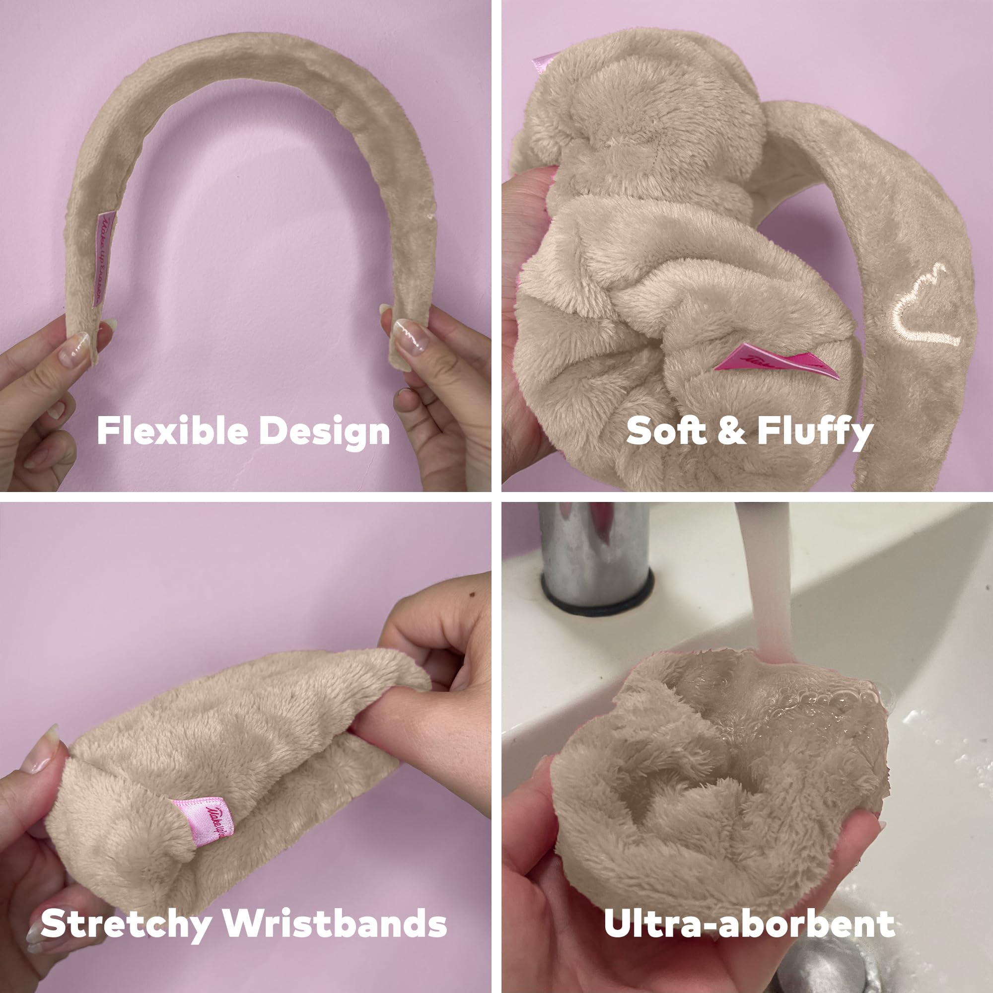 Drip Eraser by The Original Makeup Eraser, Absorbent Headband and Wristbands Collect Water During Face Washing, 3 Piece Spa Set, One Size Fits Most, Original Pink