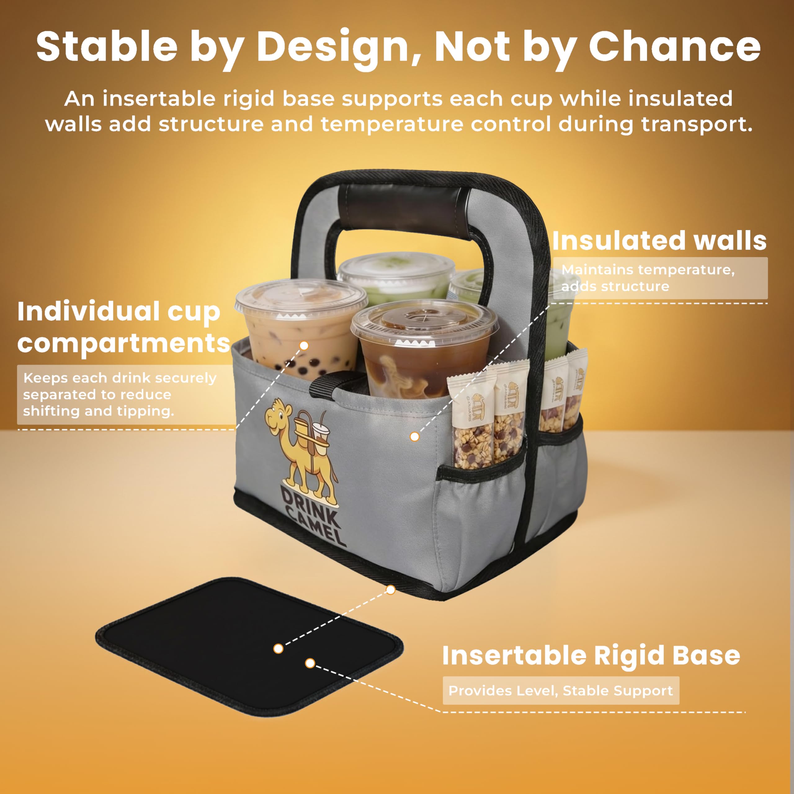 Reusable Drink Carrier with Handle – Durable No-Spill Insulated & Collapsible Beverage Bag with Pockets, Portable Caddy for On-the-Go Delivery, Travel & Car Use (6 Cup Carrier, Jet Black)