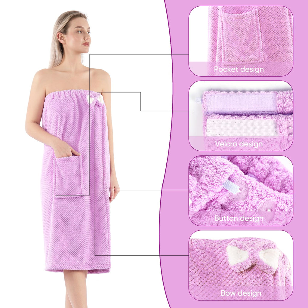 Spa Robe Bath wrap Towels for Women and Hair Drying Towel Waffle Spa Wraps with Pocket Adjustable Closure Lightweight Towel Wraps for Bath Shower (4, Purple)
