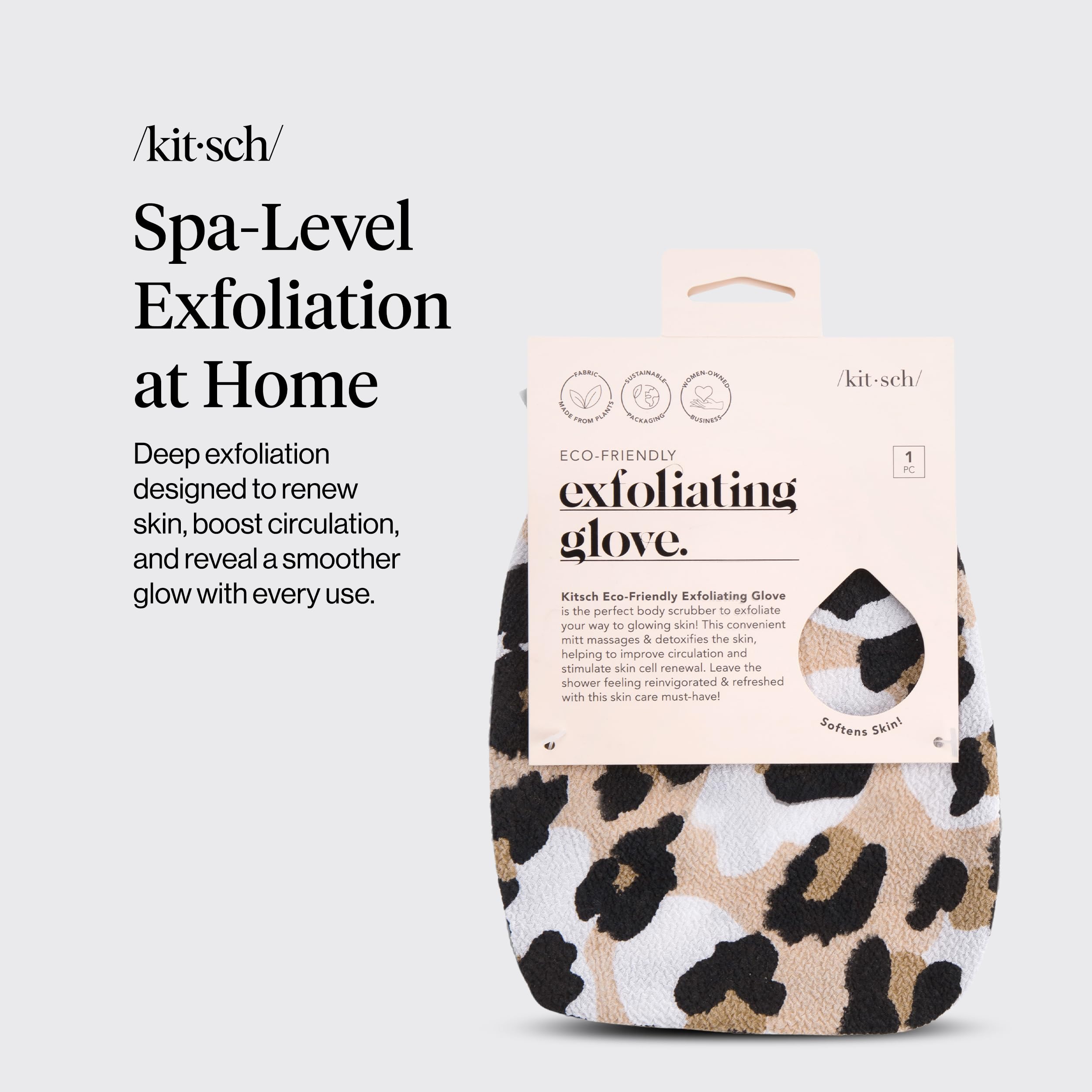 Kitsch Exfoliating Glove 1pc – Korean Exfoliating Mitt & Deep Exfoliating Body Scrubber for Shower, Bath | Body Exfoliator Glove, Dead Skin Remover | Skin Care for Smooth Skin - Leopard