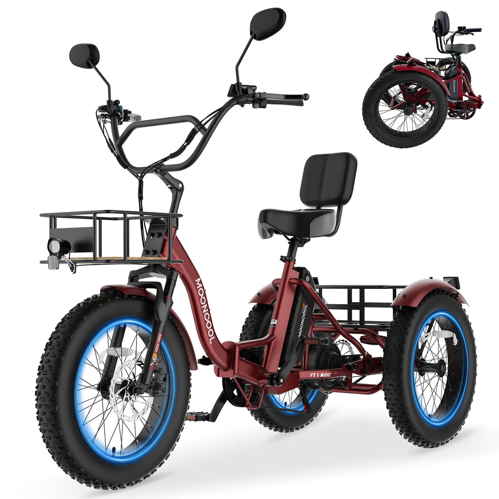 MOONCOOL Electric Tricycle for Adults, 20" x 4" Fat Tire Folding Electric Trike, 48V 500W 3 Wheel Electric Bike, 7 Speed E Trikes for Adults with Removable Battery, Aluminum Frame & Large Basket