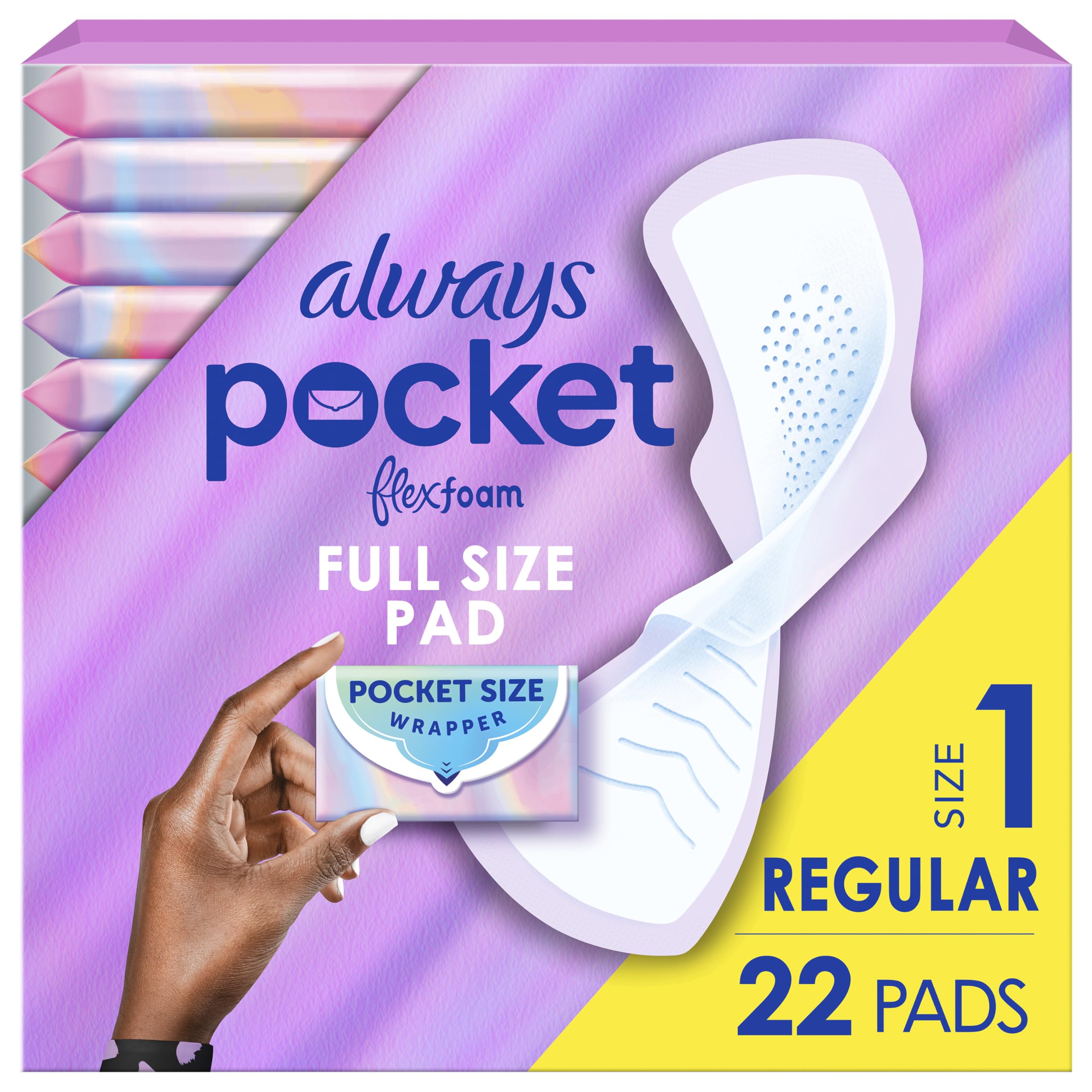 Always Pocket Feminine Pads with FlexFoam, Size 1, Regular, with Wings, Unscented, 66 Count (3 Packs of 22)