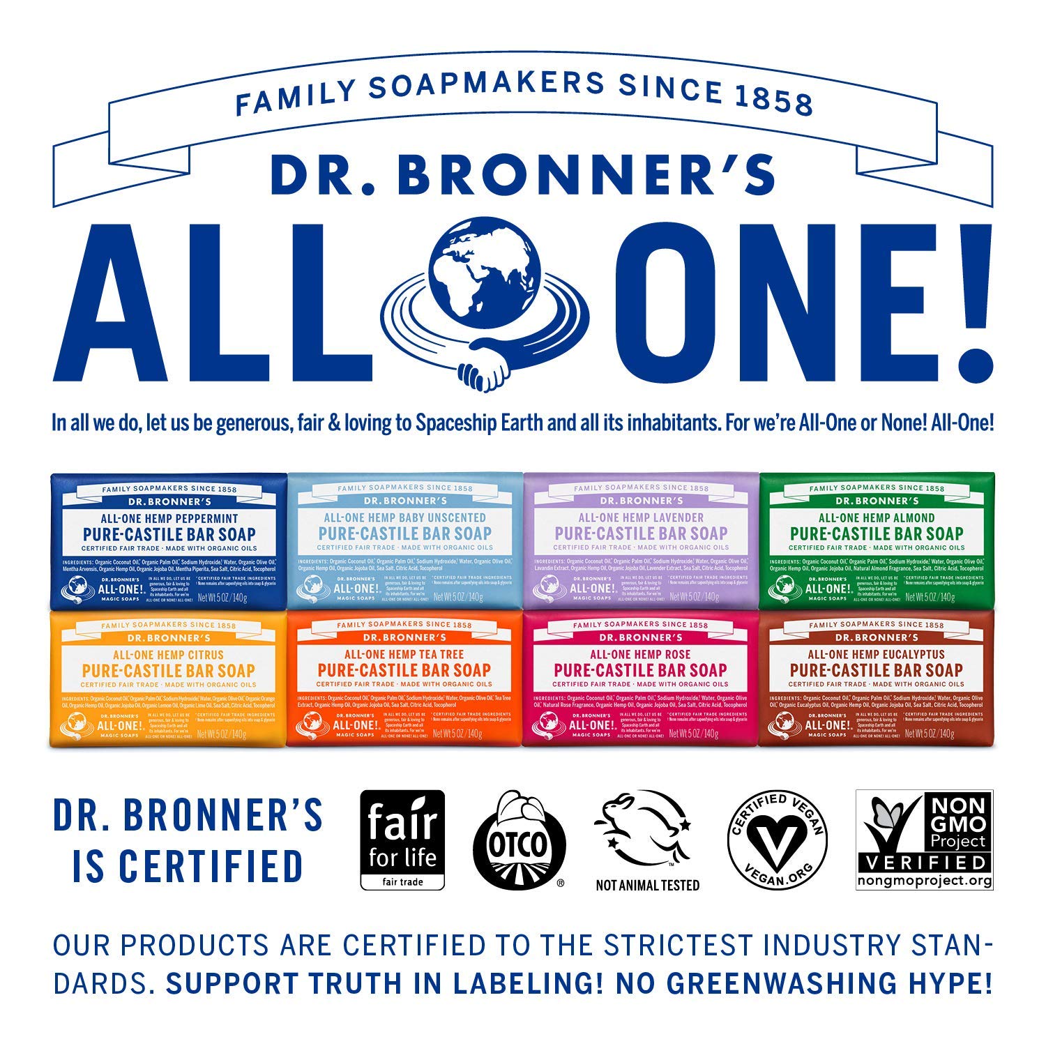 Dr. Bronner's Pure-Castile Magic Bar Soaps (5 Ounce Variety Gift Pack) Almond, Unscented, Lavender, Peppermint, Citrus, Rose - Made with Regenerative Organic Certified Oils, Vegan, Non-GMO