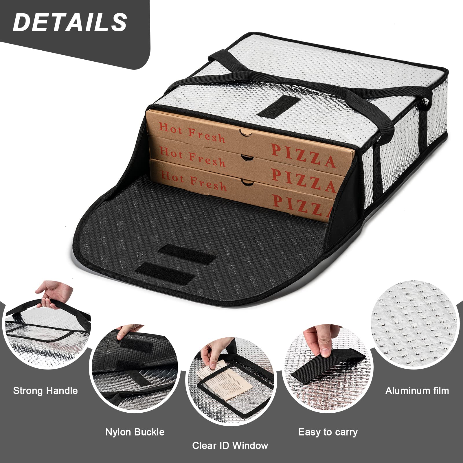 Pizza Bags for Delivery 20" X 20" X 6" - Moisture-Free, Professional Thermal Pizza Warmer, Heavy-Duty Pizza Delivery Bag, Suitable for Restaurants,Picnic Uber Eats & Door Dash（Silver）