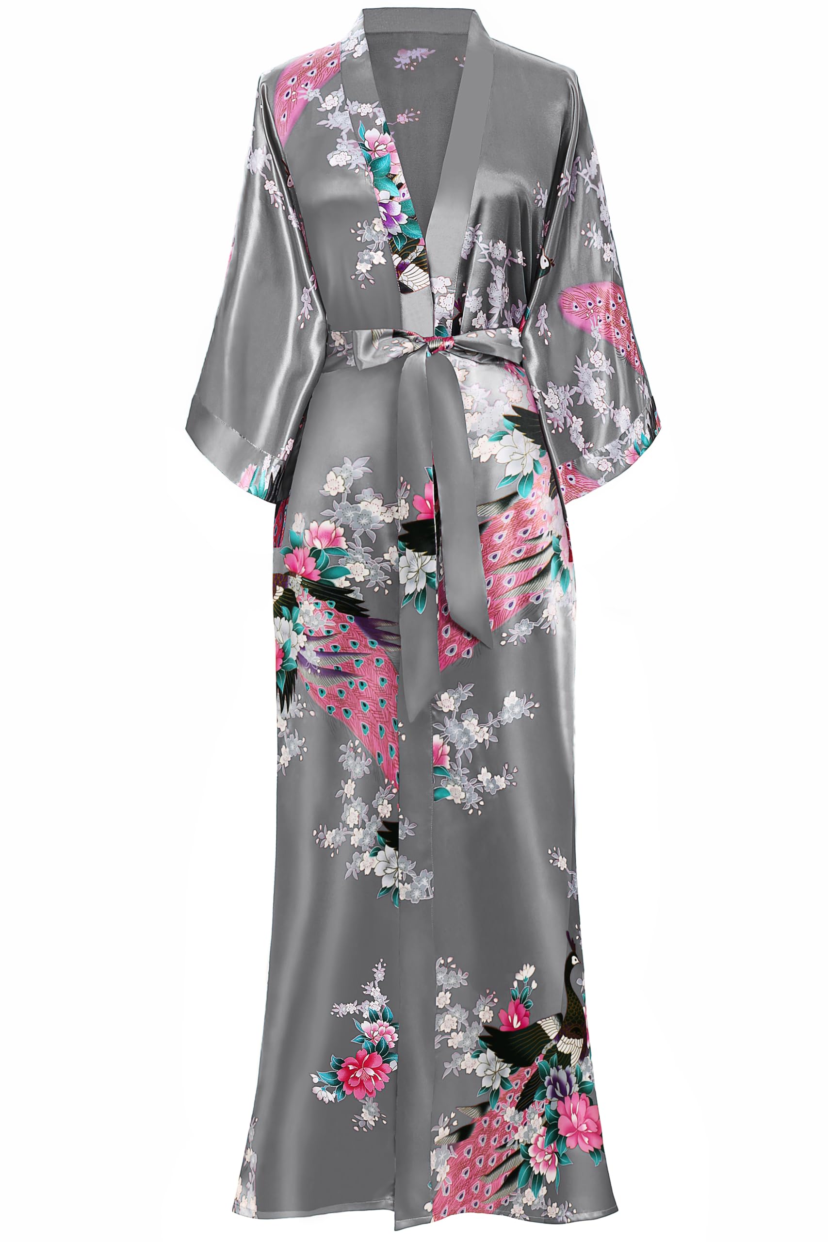 BABEYOND Women's Kimono Robe Long Satin Robes with Peacock and Blossoms Printed Kimono Nightgown
