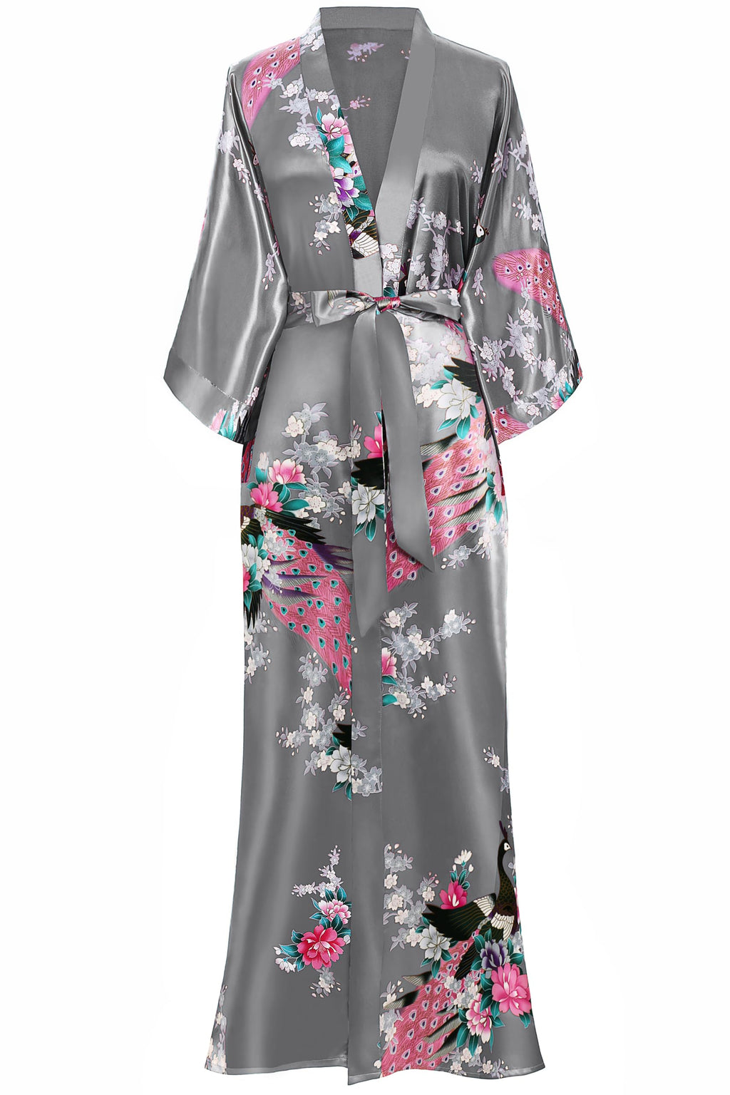 BABEYOND Women's Kimono Robe Long Satin Robes with Peacock and Blossoms Printed Kimono Nightgown
