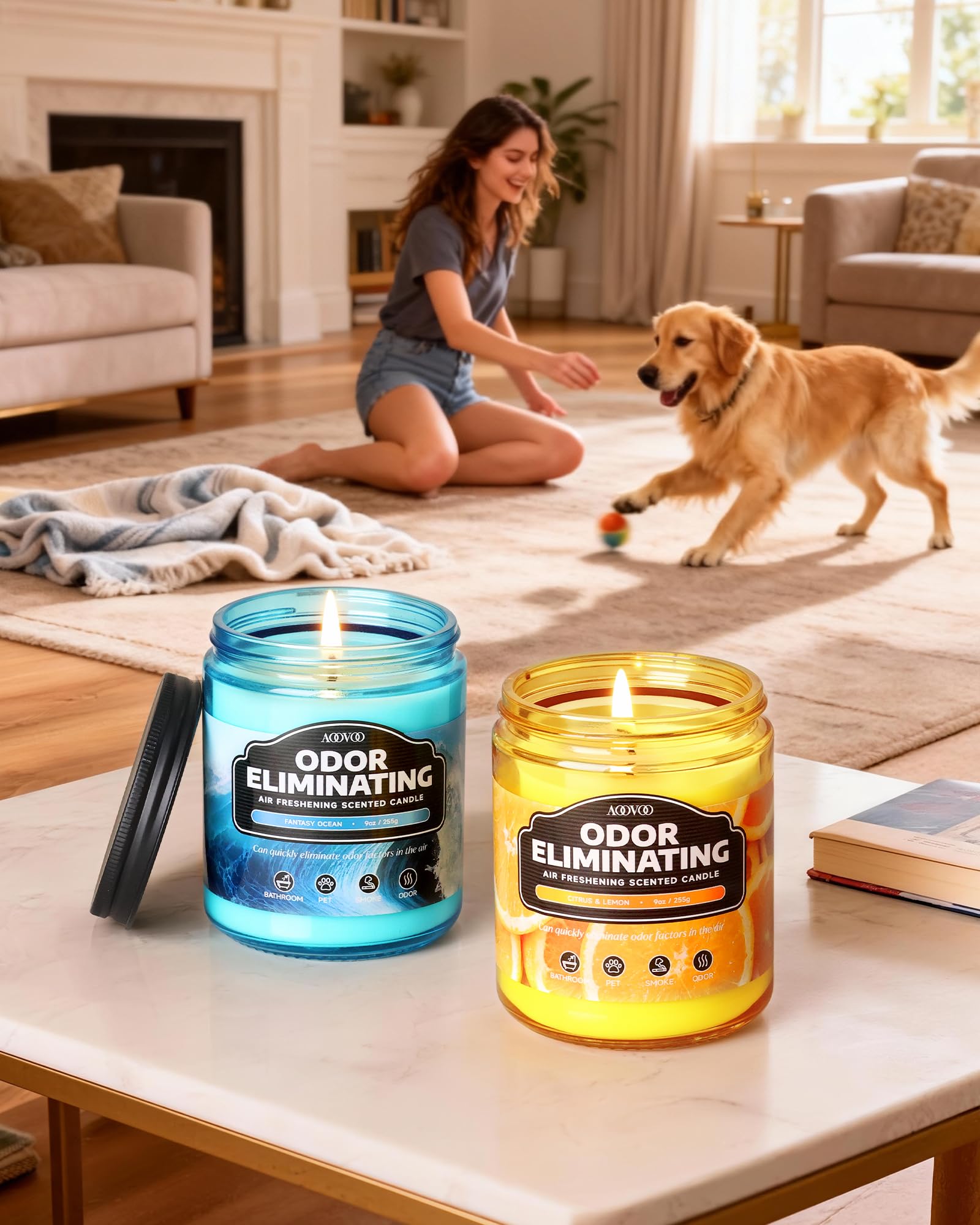 AOOVOO 4 Pack Citrus Lemon Odor Eliminating Highly Fragranced Candle Set - Eliminates 95% of Pet, Smoke, Food, and Other Smells Quickly, Non Toxic Air Freshing Soy Candle