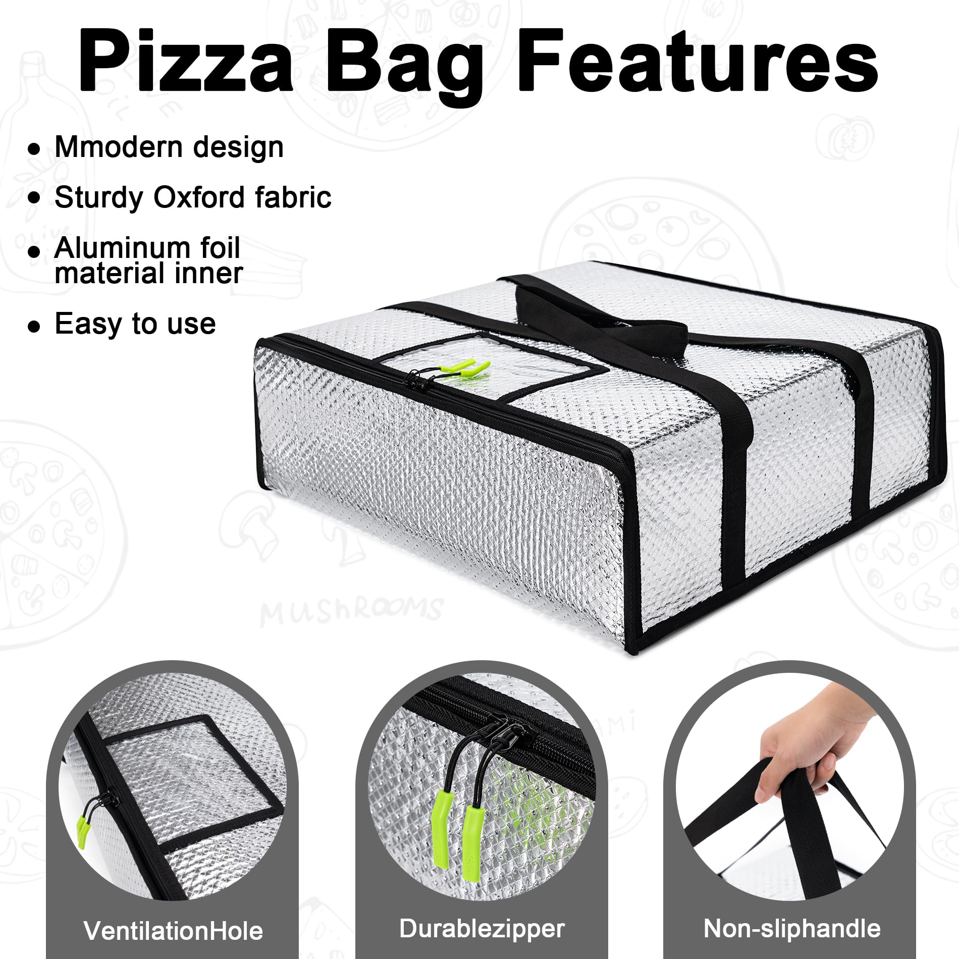 Pizza Bags for Delivery 20" X 20" X 6" - Moisture-Free, Professional Thermal Pizza Warmer, Heavy-Duty Pizza Delivery Bag, Suitable for Restaurants,Picnic Uber Eats & Door Dash（Silver）