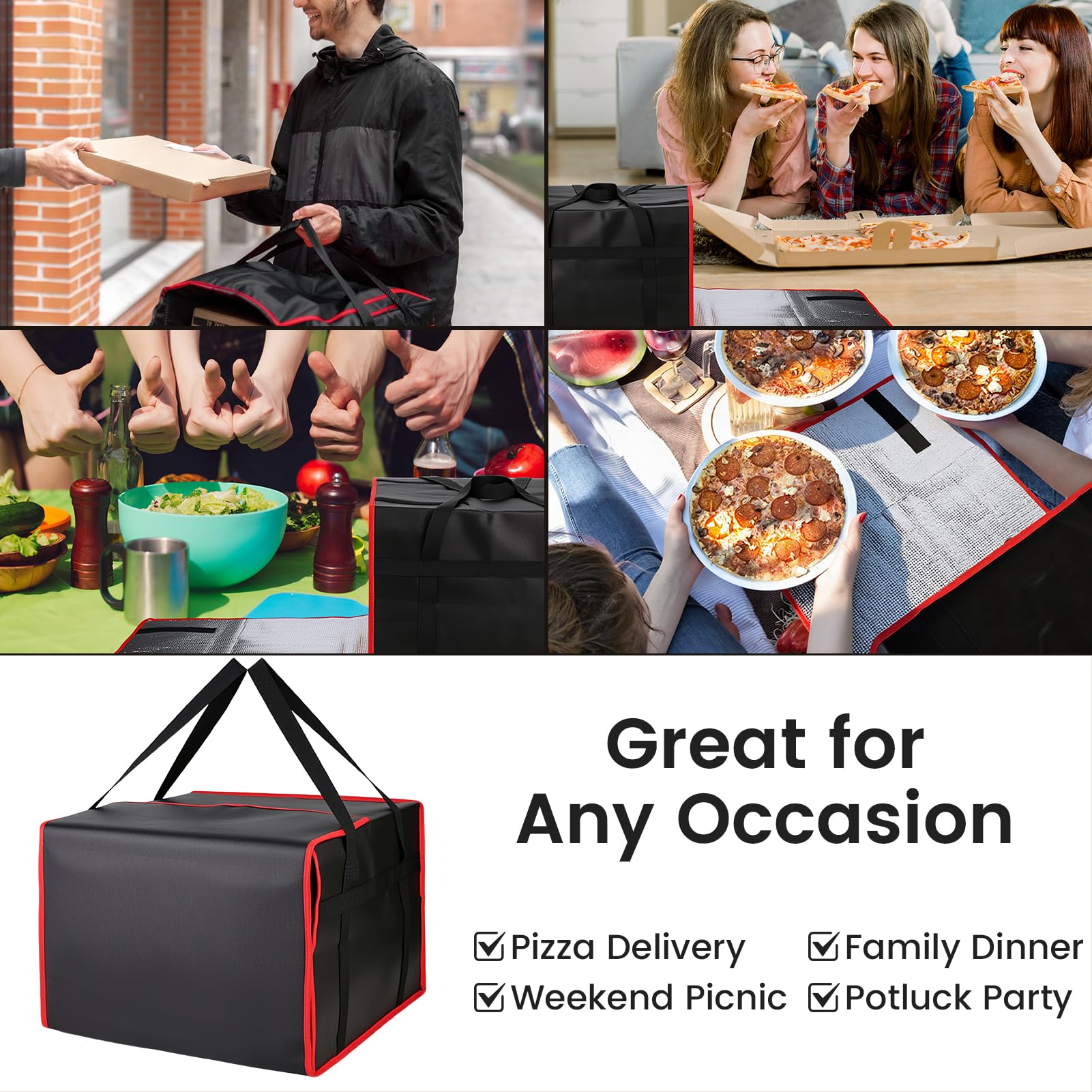 Bodaon Insulated Pizza Delivery Bag, 20" x 20" x 6" Pizza Warmer Bags for Carry Hot, Food Warmers for Parties, Pizza Thermal Insulation, Pizza Carrier for Catering, Red, 1-Pack