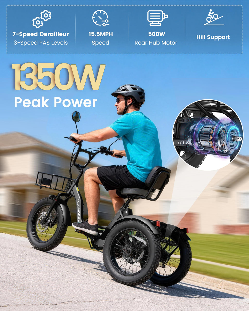 MOONCOOL Electric Tricycle for Adults, 20" x 4" Fat Tire Folding Electric Trike, 48V 500W 3 Wheel Electric Bike, 7 Speed E Trikes for Adults with Removable Battery, Aluminum Frame & Large Basket