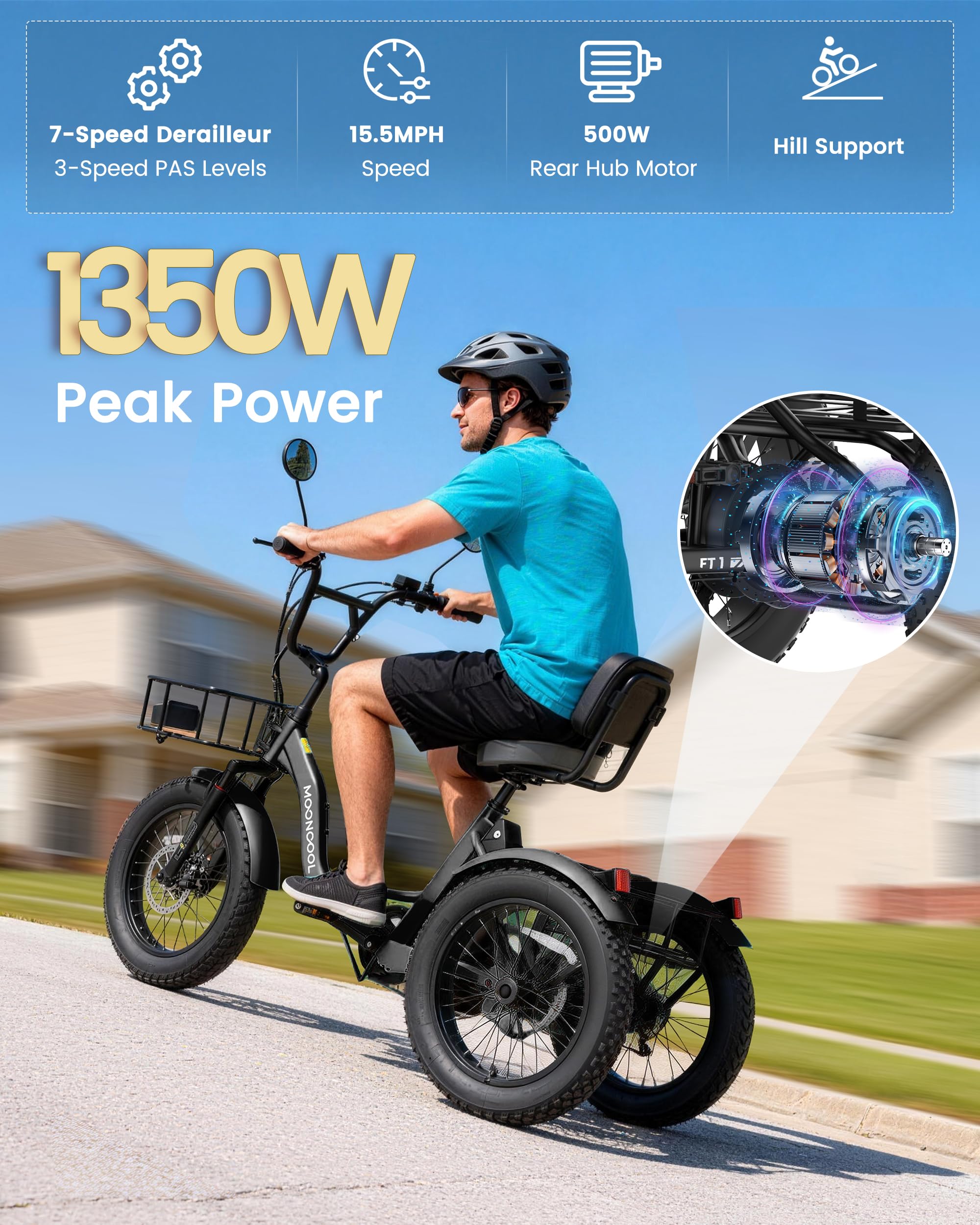 MOONCOOL Electric Tricycle for Adults, 20" x 4" Fat Tire Folding Electric Trike, 48V 500W 3 Wheel Electric Bike, 7 Speed E Trikes for Adults with Removable Battery, Aluminum Frame & Large Basket