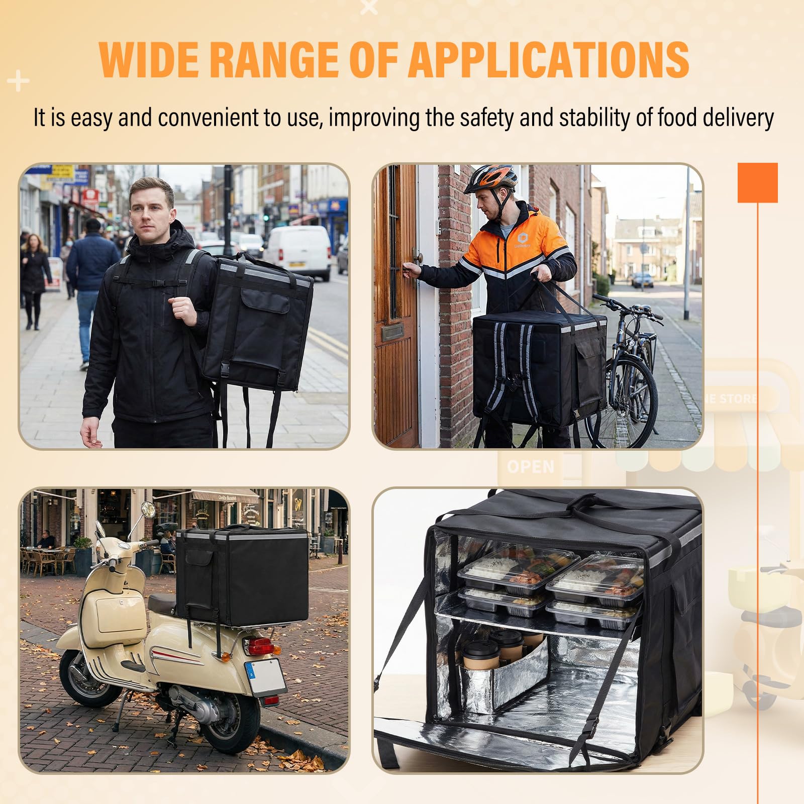 CroBlissful Huge Heat Insulation Food Delivery Bag for Motorcycle, Big Pizza Delivery Bags for Bicycle/scooter, 2 Layers, Rigid Frame(Side Loading,20 x 20 x 20 Inches)