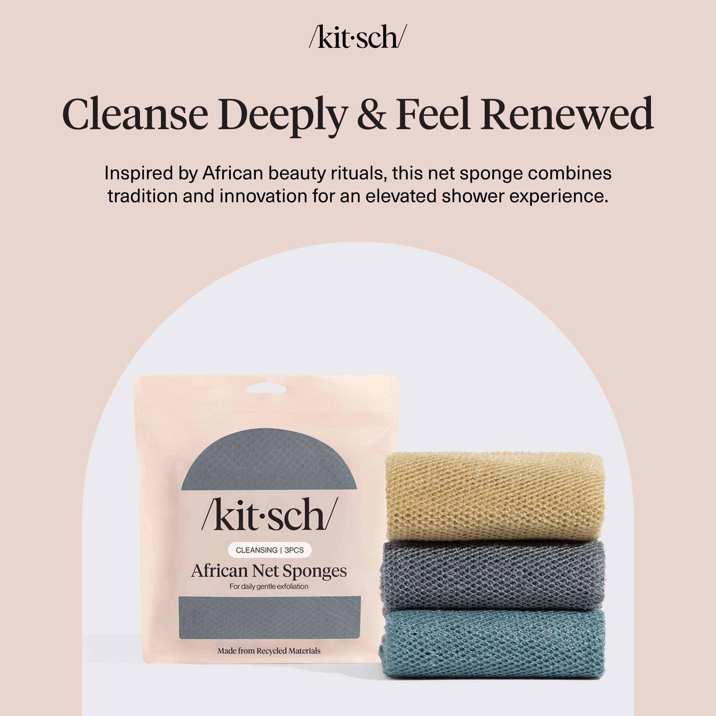 Kitsch African Net Sponge – Exfoliating Body Scrubber for Cleansing & Gentle Daily Exfoliation – Stretchable Bath Sponge for Hard-to-Reach Areas, Long-Lasting Shower Essential - Rosewood, 3 Pcs