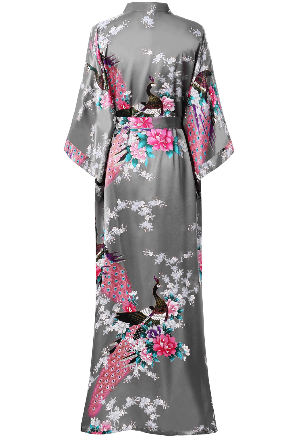 BABEYOND Women's Kimono Robe Long Satin Robes with Peacock and Blossoms Printed Kimono Nightgown