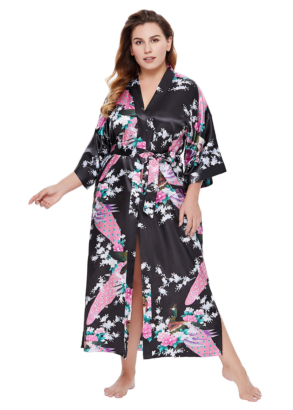 BABEYOND Women's Kimono Robe Long Satin Robes with Peacock and Blossoms Printed Kimono Nightgown
