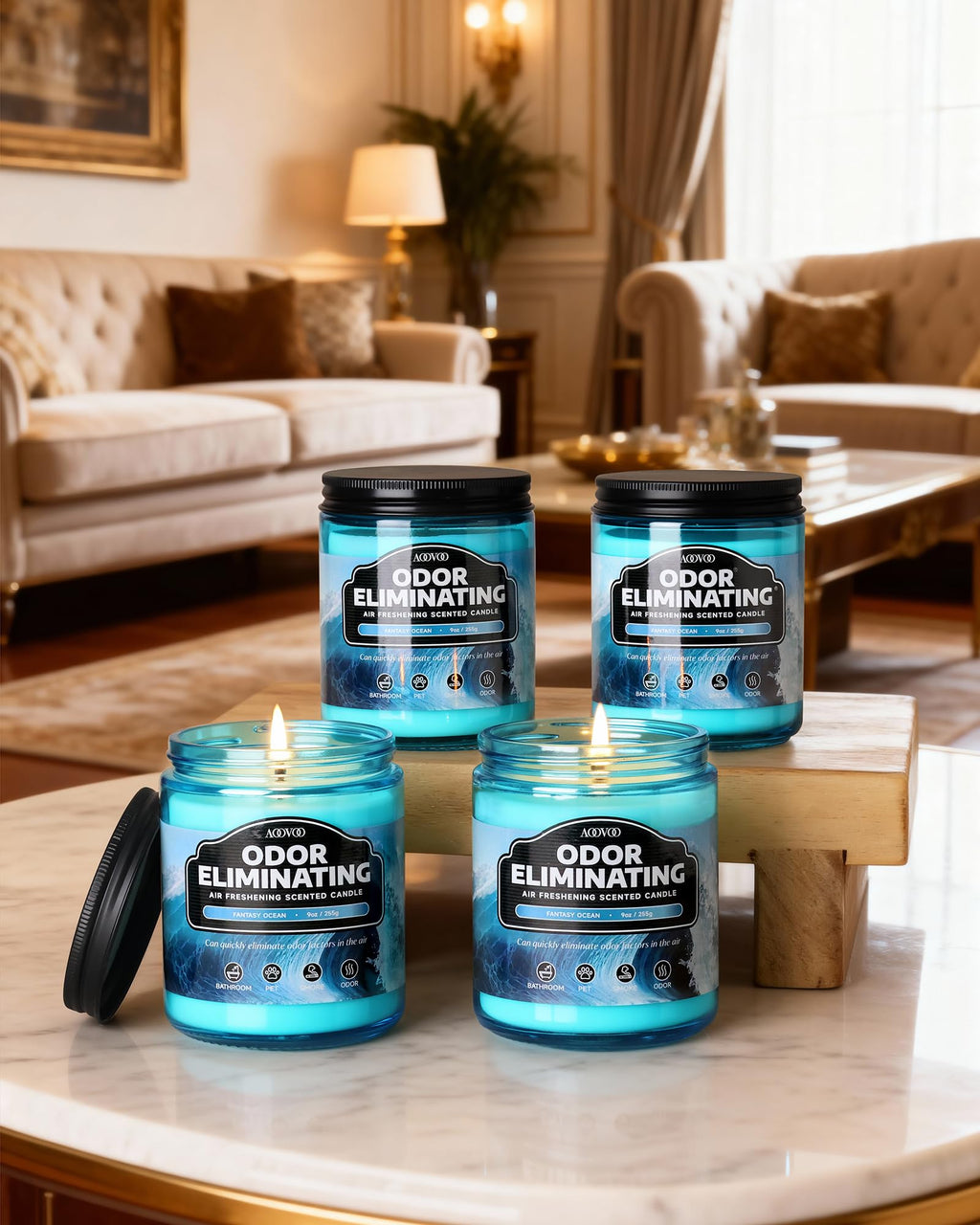 AOOVOO 4 Pack Citrus Lemon Odor Eliminating Highly Fragranced Candle Set - Eliminates 95% of Pet, Smoke, Food, and Other Smells Quickly, Non Toxic Air Freshing Soy Candle