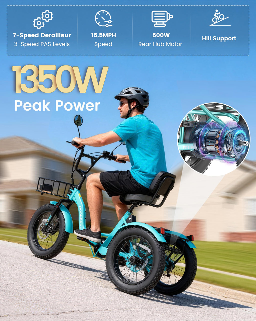 MOONCOOL Electric Tricycle for Adults, 20" x 4" Fat Tire Folding Electric Trike, 48V 500W 3 Wheel Electric Bike, 7 Speed E Trikes for Adults with Removable Battery, Aluminum Frame & Large Basket