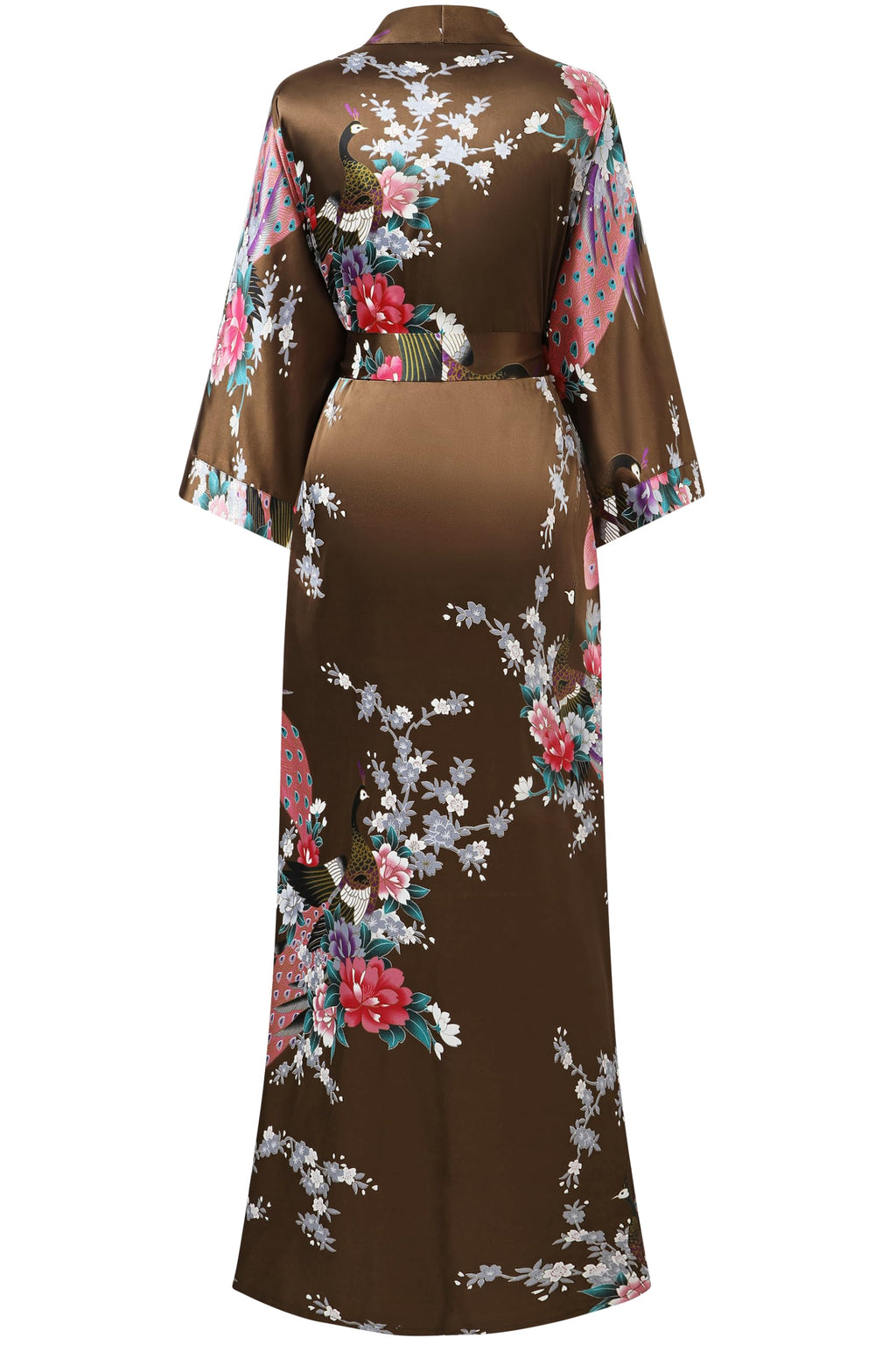 BABEYOND Women's Kimono Robe Long Satin Robes with Peacock and Blossoms Printed Kimono Nightgown