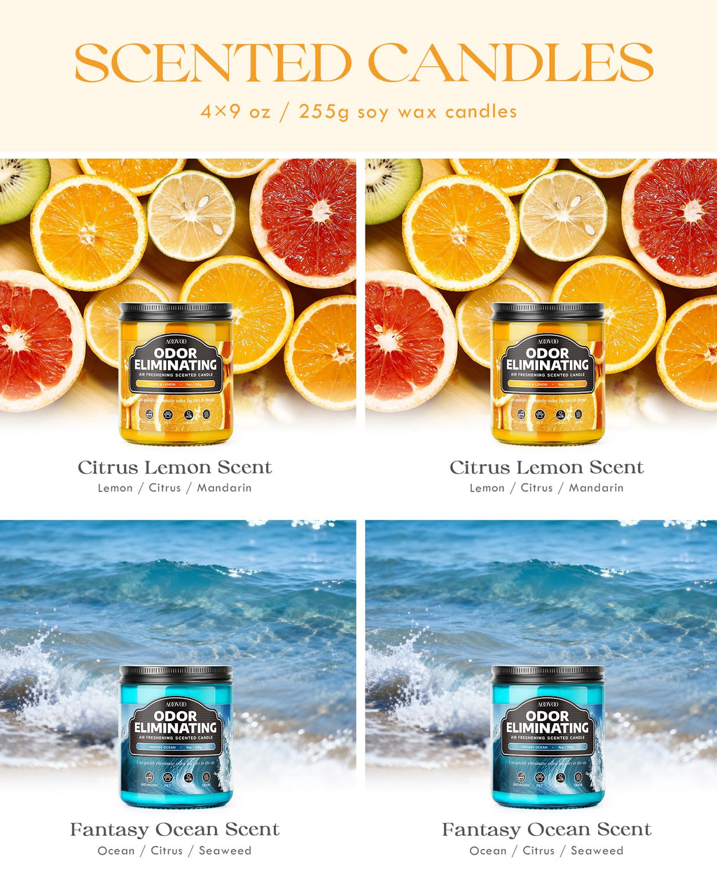 AOOVOO 4 Pack Citrus Lemon Odor Eliminating Highly Fragranced Candle Set - Eliminates 95% of Pet, Smoke, Food, and Other Smells Quickly, Non Toxic Air Freshing Soy Candle