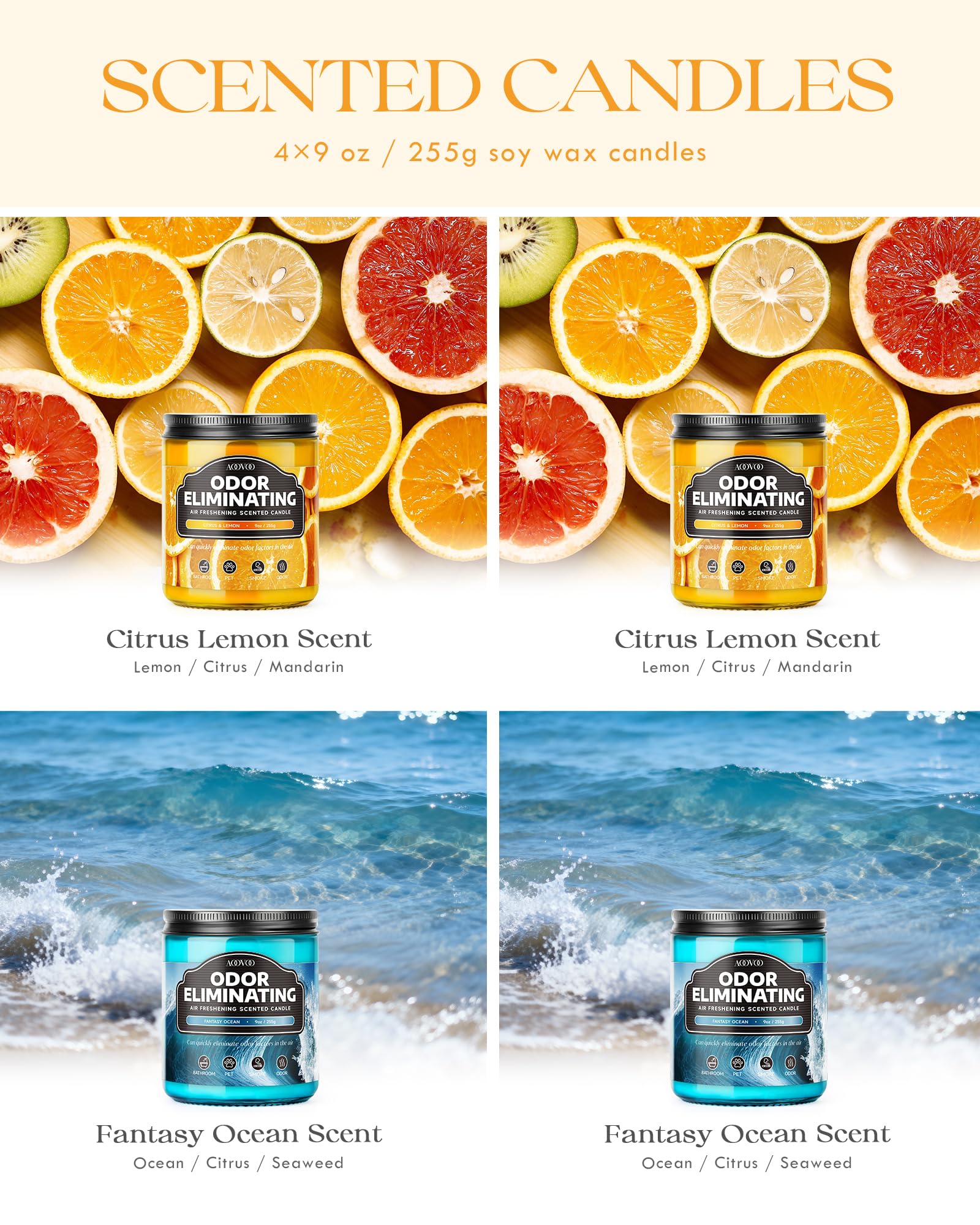 AOOVOO 4 Pack Citrus Lemon Odor Eliminating Highly Fragranced Candle Set - Eliminates 95% of Pet, Smoke, Food, and Other Smells Quickly, Non Toxic Air Freshing Soy Candle