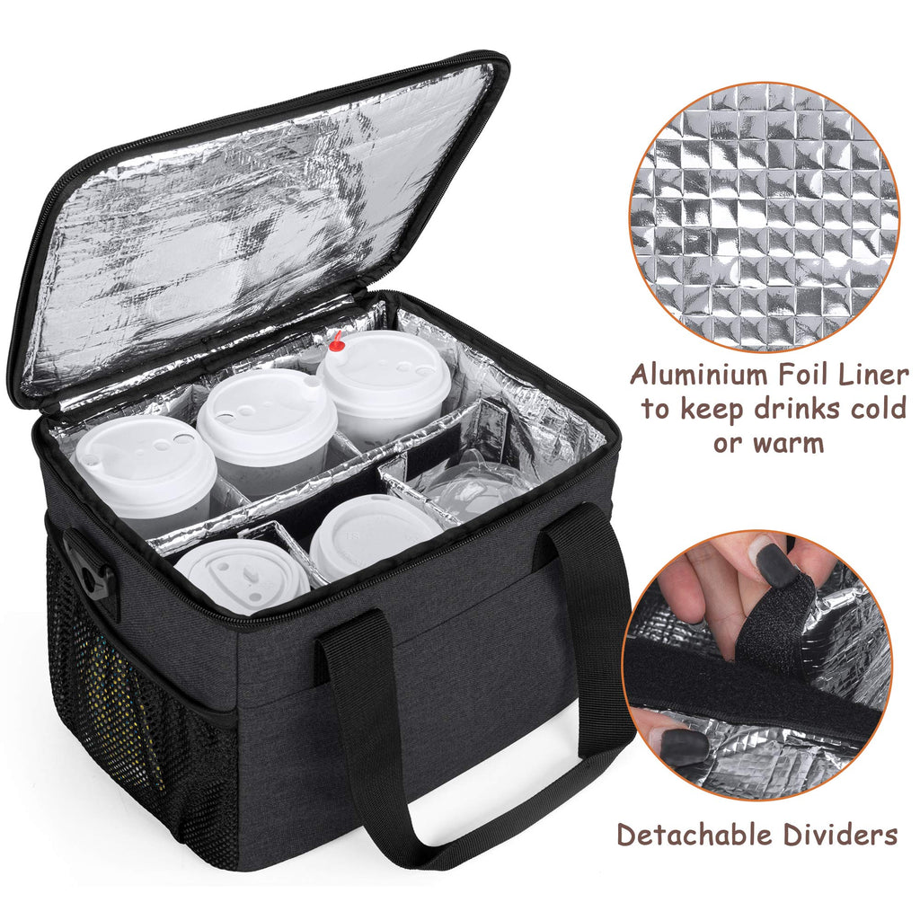 Trunab Reusable 6 Cups Drink Carrier for Delivery Insulated Drink Caddy with Handle and Shoulder Strap, Adjustable Dividers, Beverages Carrier Tote Bag, for Daily Life Takeout, Outdoors, Travel