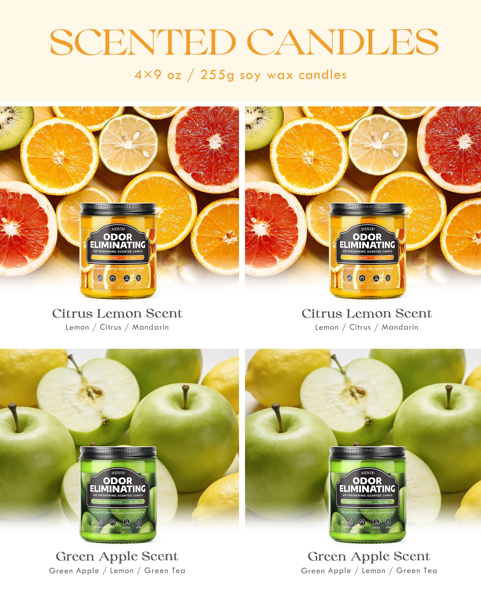 AOOVOO 4 Pack Citrus Lemon Odor Eliminating Highly Fragranced Candle Set - Eliminates 95% of Pet, Smoke, Food, and Other Smells Quickly, Non Toxic Air Freshing Soy Candle