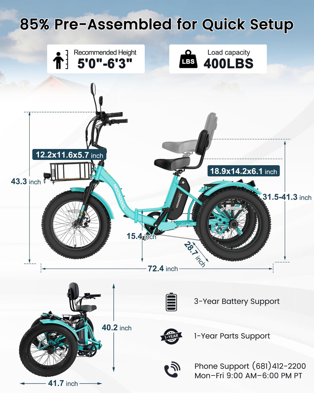 MOONCOOL Electric Tricycle for Adults, 20" x 4" Fat Tire Folding Electric Trike, 48V 500W 3 Wheel Electric Bike, 7 Speed E Trikes for Adults with Removable Battery, Aluminum Frame & Large Basket