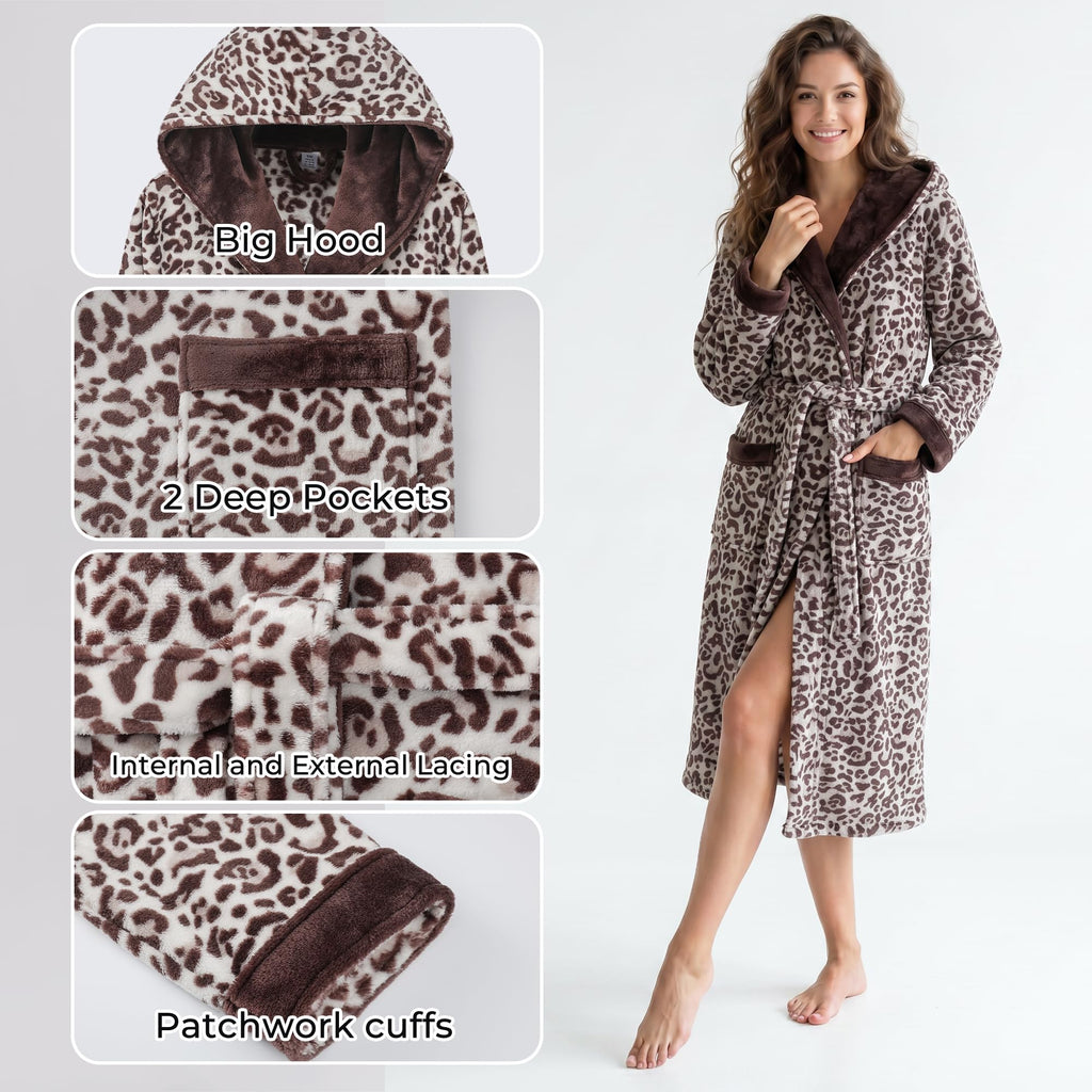 U2SKIIN Womens Hooded Fleece Robes, Soft Plush Long Bathrobe, Comfy Housecoat for Womens