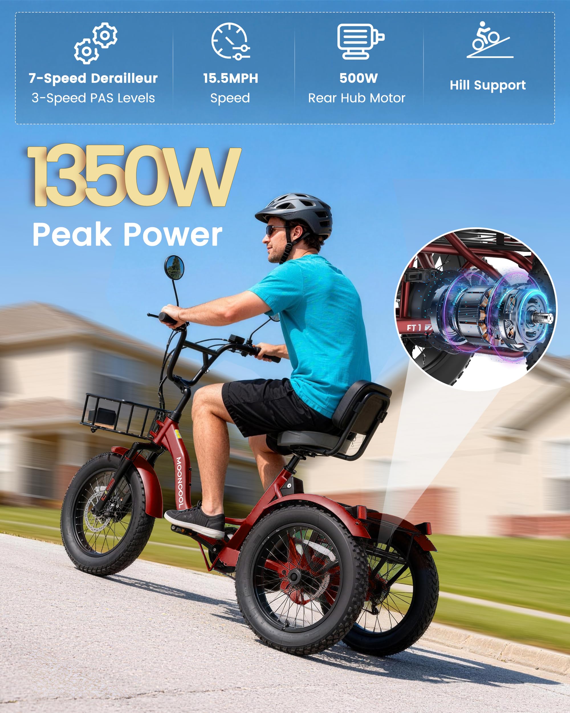 MOONCOOL Electric Tricycle for Adults, 20" x 4" Fat Tire Folding Electric Trike, 48V 500W 3 Wheel Electric Bike, 7 Speed E Trikes for Adults with Removable Battery, Aluminum Frame & Large Basket