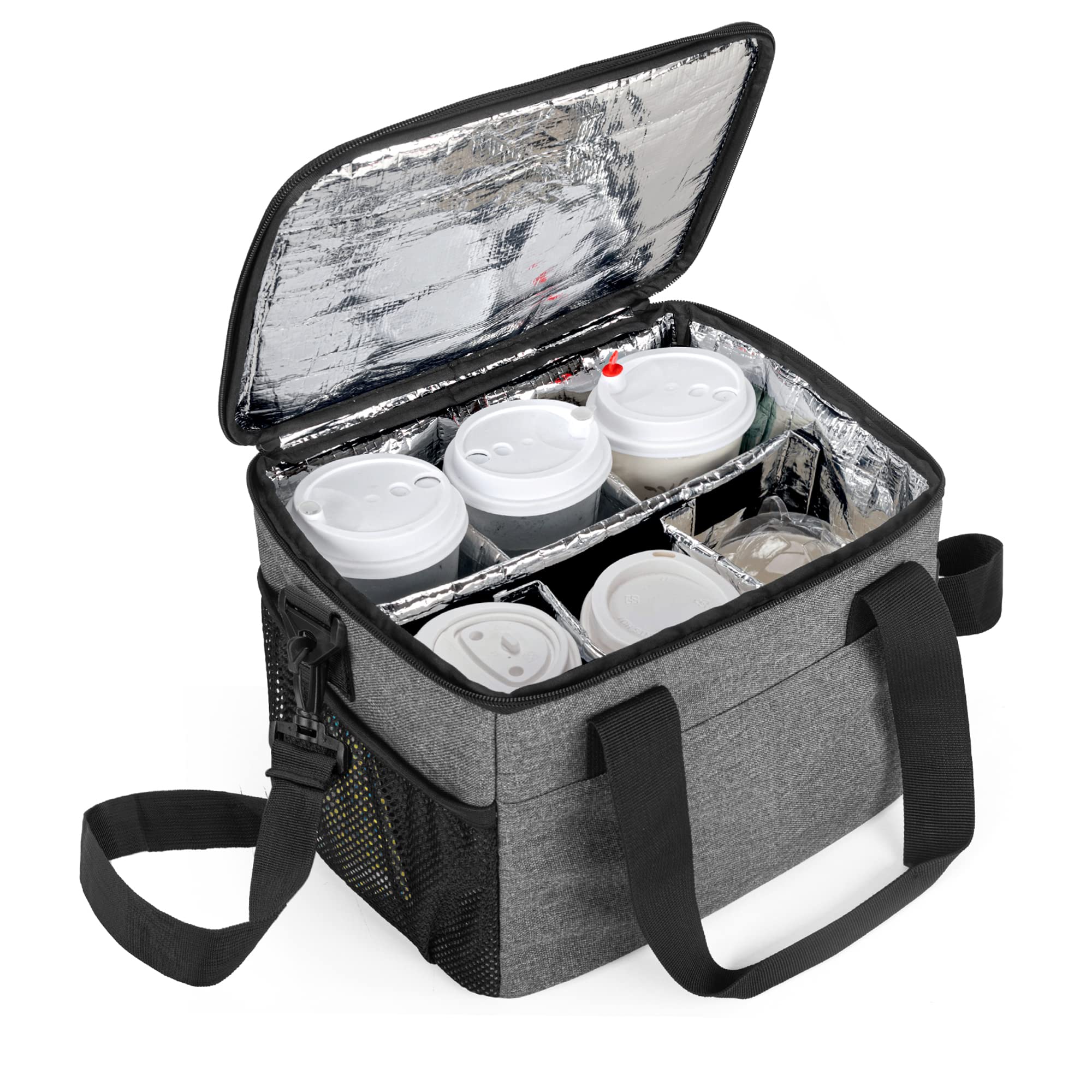 Trunab Reusable 6 Cups Drink Carrier for Delivery Insulated Drink Caddy with Handle and Shoulder Strap, Adjustable Dividers, Beverages Carrier Tote Bag, for Daily Life Takeout, Outdoors, Travel